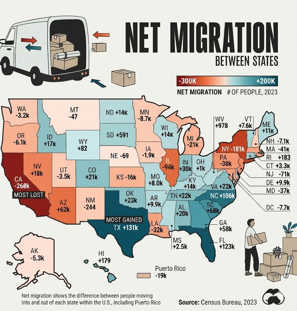 미국 주별 인구 이동 현황 :서부 & 북부 감소, 남부 & 동부 증가 : Landing Help 미국 부동산 소식