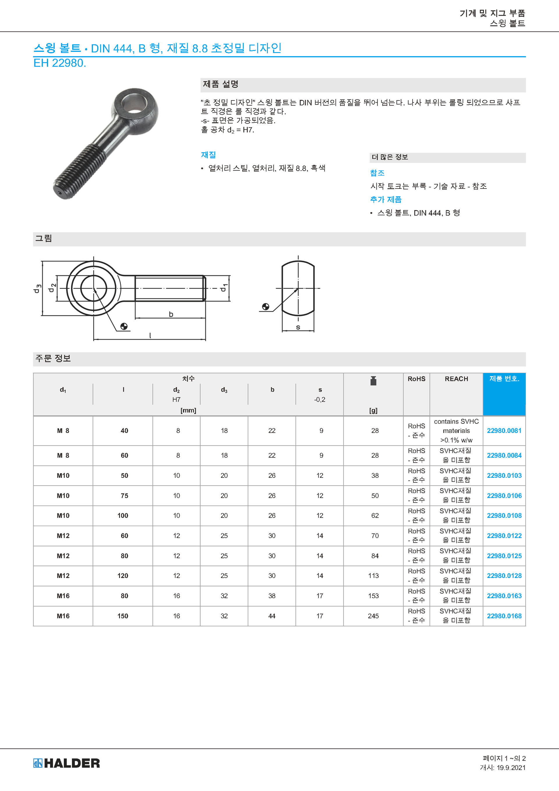 스윙 볼트 Din444, B 형, 재질 8.8 초정밀 디자인 / Eh 22980. : 할더 룀헬드 코리아(주) 한국지사