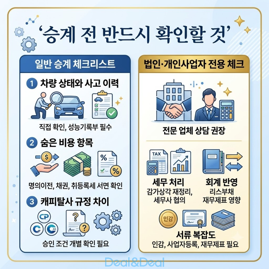 리스승계 전 반드시 확인해야 할 필수 체크리스트를 정리한 인포그래픽 이미지입니다.