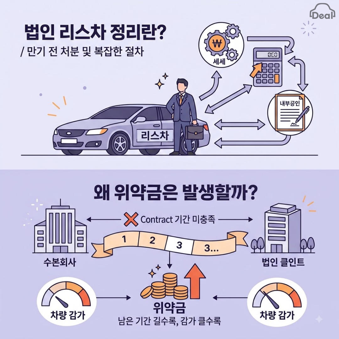 법인 리스차 정리와 중도 해지 위약금 발생 원리를 설명하는 인포그래픽 일러스트. 상단에는 법인 차량과 비즈니스맨, 세무·결재 관련 아이콘이 배치되어 있고, 하단에는 금융사와 법인 간의 계약 기간 미충족 및 감가상각으로 인해 위약금이 증가하는 구조를 보여줍니다.