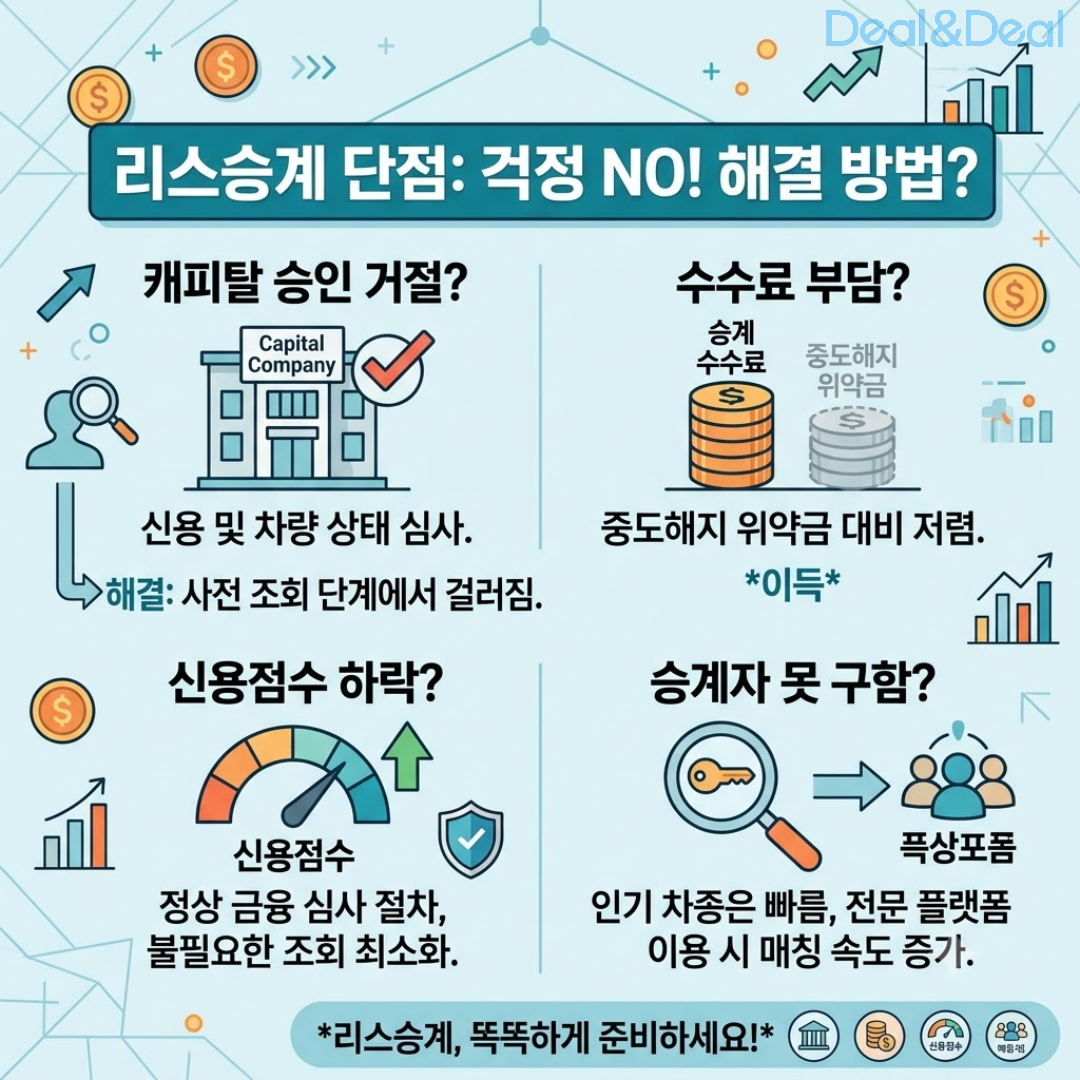 리스승계의 주요 단점과 해결 방법을 설명하는 인포그래픽 이미지. 4가지 항목으로 구분되어 있습니다. 1) 캐피탈 승인 거절 위험은 사전 조회를 통해 해결 가능, 2) 수수료 부담은 중도해지 위약금 대비 저렴하여 이득, 3) 신용점수 하락 우려는 정상 금융 심사 절차로 불필요한 조회 최소화, 4) 승계자 매칭 지연은 전문 플랫폼 이용 시 빠르게 해결됨을 안내하는 내용입니다.