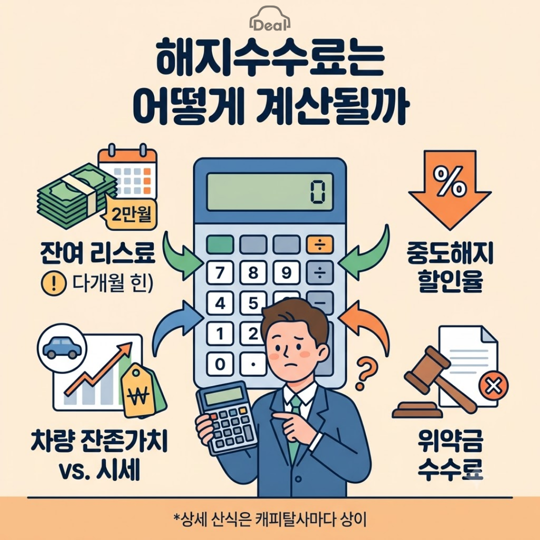 자동차 리스 해지수수료 계산 요소를 설명하는 카드뉴스 스타일의 일러스트. 상단에는 '해지수수료는 어떻게 계산될까'라는 문구가 적혀 있고, 중앙에는 커다란 계산기와 그 앞에서 작은 계산기를 들고 고민하는 직장인 남성의 모습이 배치되어 있다. 계산기를 중심으로 좌측 상단에는 '잔여 리스료(지폐와 달력 아이콘)', 좌측 하단에는 '차량 잔존가치 vs. 시세(차량 그래프와 가격표 아이콘)', 우측 상단에는 '중도해지 할인율(퍼센트 하강 화살표 아이콘)', 우측 하단에는 '위약금 수수료(계약서와 법봉 아이콘)' 등 해지수수료를 구성하는 4가지 핵심 요소가 인포그래픽 형태로 시각화되어 있다. 하단에는 '*상세 산식은 캐피탈사마다 상이'라는 주석이 표기되어 있다.