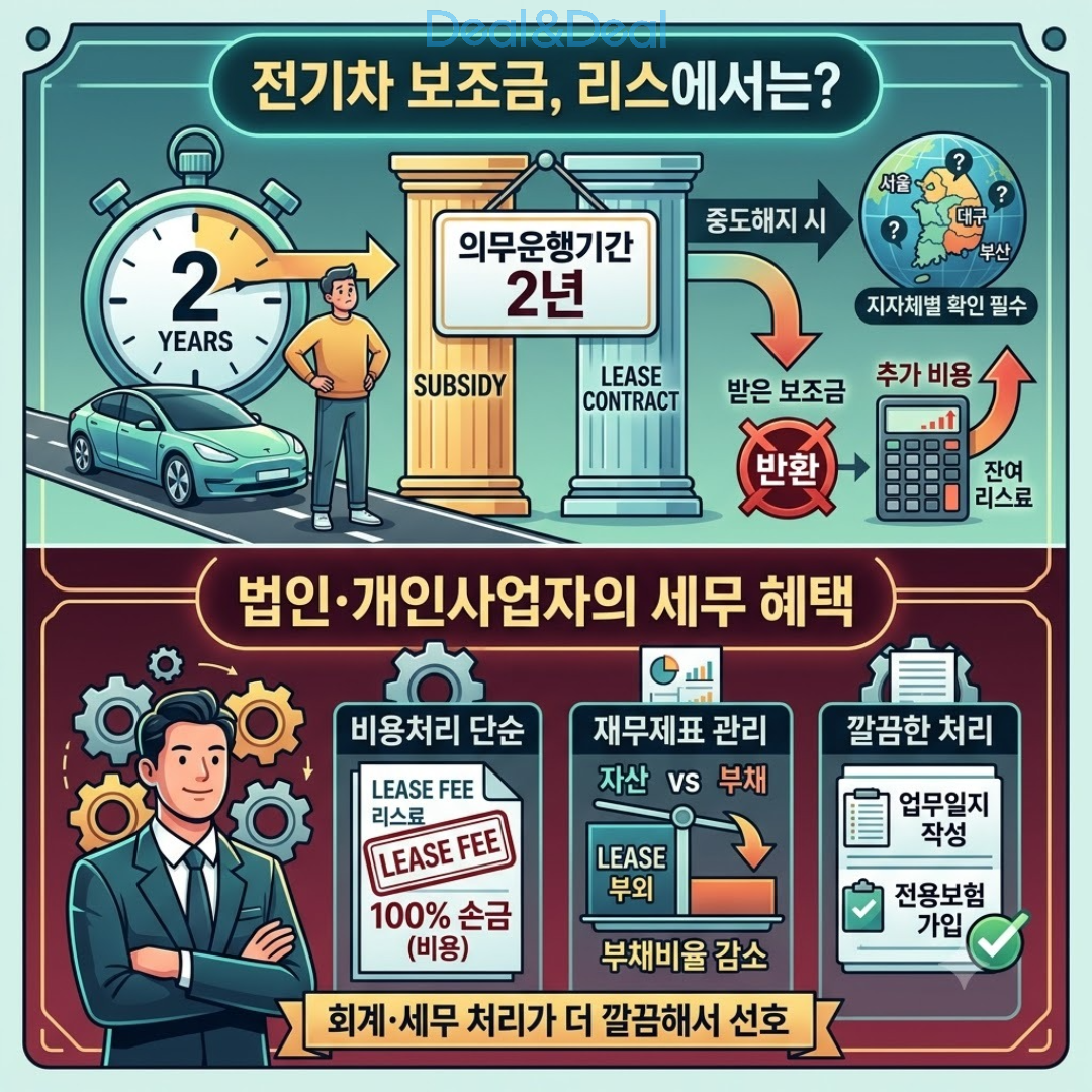 전기차 리스 보조금 조건과 법인·개인사업자의 세무 혜택을 정리한 인포그래픽 일러스트. 상단에는 2년 의무운행기간 미준수 시 보조금 반환 리스크와 지자체별 확인 필요성을, 하단에는 비용처리 단순화, 재무제표 관리(부채비율 감소), 깔끔한 회계 처리를 선호하는 사업자의 특징을 시각화한 1080x1080 사이즈 이미지.