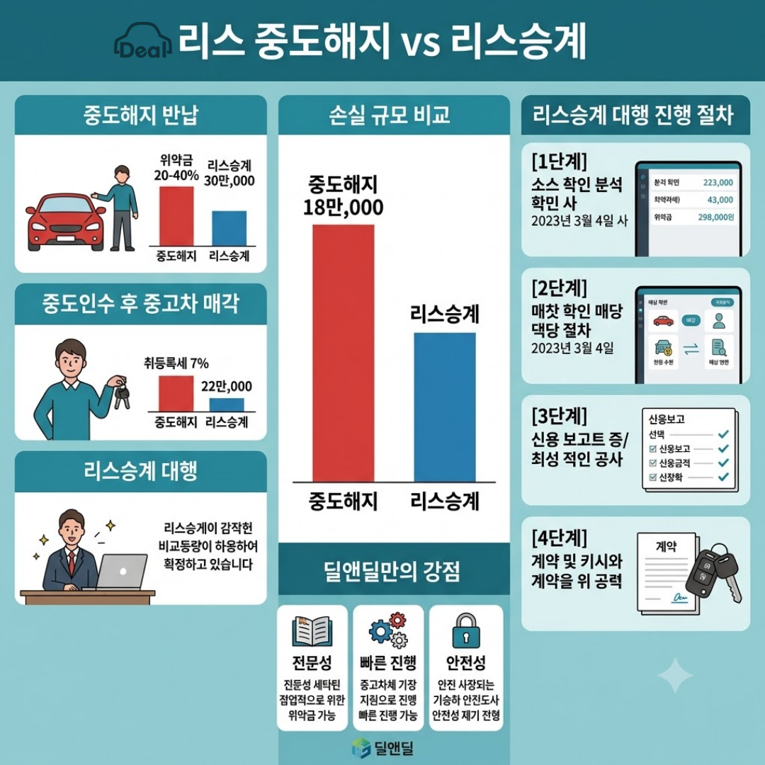 리스 중도해지 위약금 손실 비교 및 딜앤딜 4단계 리스승계 대행 절차 인포그래픽