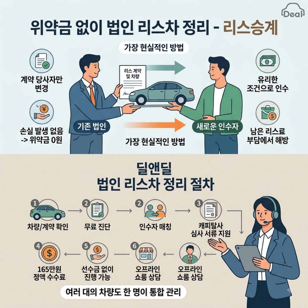 리스승계를 통한 위약금 없는 법인 리스차 정리 원리와 딜앤딜 서비스 진행 절차를 안내하는 인포그래픽 일러스트. 상단에는 기존 법인에서 새로운 인수자로 차량과 계약이 승계되는 구조가, 하단에는 무료 진단부터 심사 지원, 정액 수수료 및 전담 매니저 1:1 관리로 이어지는 프로세스가 정리되어 있습니다.