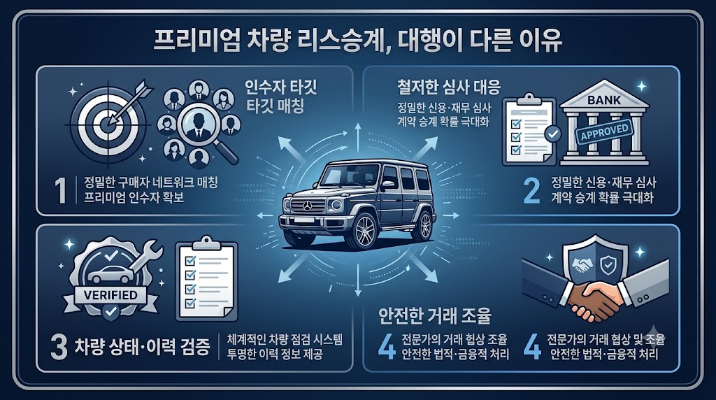 프리미엄 수입차 지바겐 리스승계 대행의 필요성과 차별점 - 타깃 인수자 매칭, 캐피탈 심사 지원, 차량 이력 검증, 안전한 거래 조율 안내.