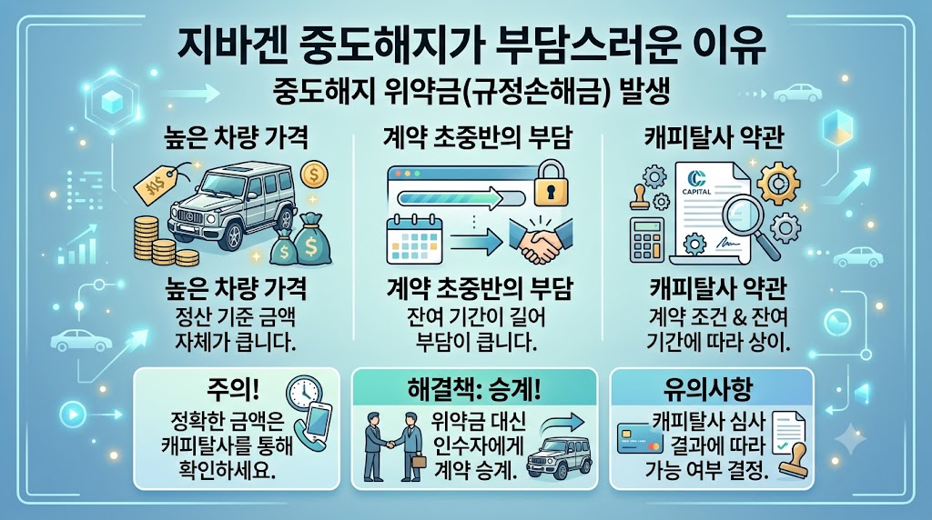 지바겐 중도해지 위약금 부담 원인 분석 및 대안(리스 승계) 안내 인포그래픽 - 높은 차량 가격, 긴 잔여 기간, 캐피탈사별 다른 조건 설명 및 승계 절차 안내.