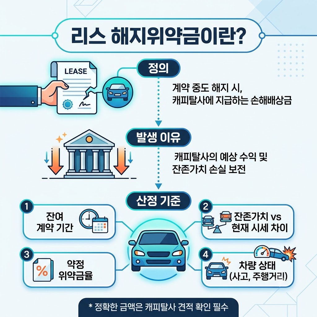 리스 해지위약금 개념 및 산정 기준 인포그래픽: 리스 계약 중도 해지 시 캐피탈사에 지급하는 손해배상금의 정의와 수익·잔존가치 손실 보전 목적의 발생 이유를 설명합니다. 산정 기준으로는 1. 잔여 계약 기간, 2. 잔존가치 vs 현재 시세 차이, 3. 약정 위약금율, 4. 차량 상태(사고, 주행거리) 등 4가지 요소가 제시되어 있으며, 하단에 '정확한 금액은 캐피탈사 견적 확인 필수'라는 안내 문구가 포함되어 있습니다.