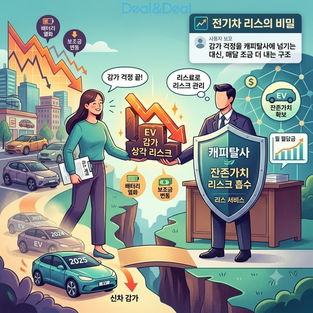 전기차 리스 구조를 설명하는 일러스트. 소비자가 배터리 열화 및 보조금 변동으로 인한 'EV 감가상각 리스크'를 캐피탈사에 넘기고, 캐피탈사는 방패로 이 리스크를 흡수하며 리스 서비스를 제공하는 모습을 나타낸 1080x1080 인포그래픽 이미지.