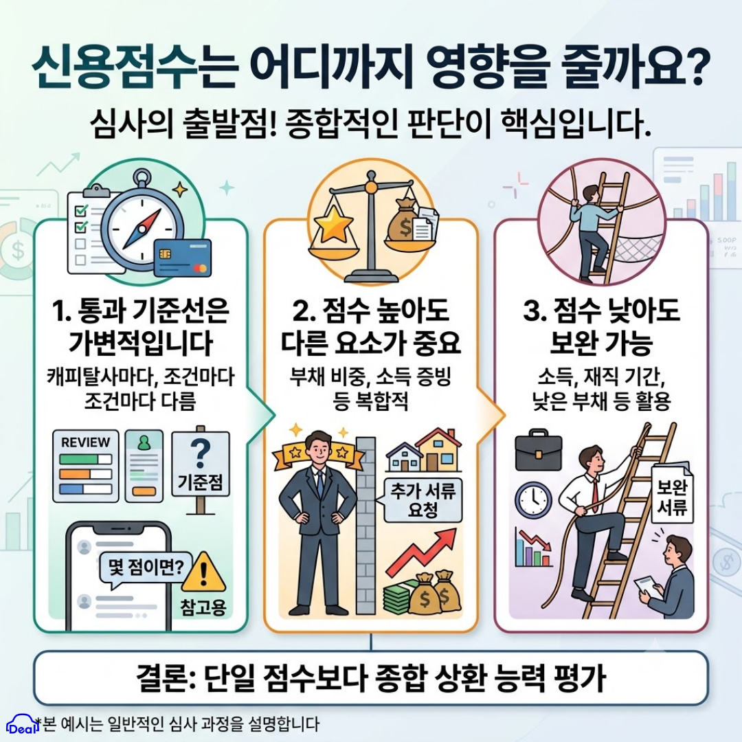 이 이미지는 "신용점수는 어디까지 영향을 줄까요?"라는 제목의 인포그래픽으로, 대출이나 카드 심사 과정에서 신용점수의 역할과 한계를 세 가지 주요 요점으로 나누어 설명하고 있습니다.