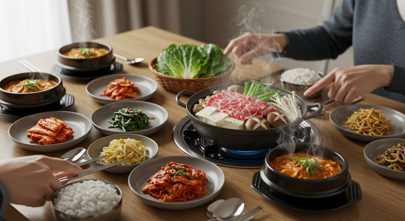 가족 구성원이 식당에 모여서 밥먹고 있는 사진