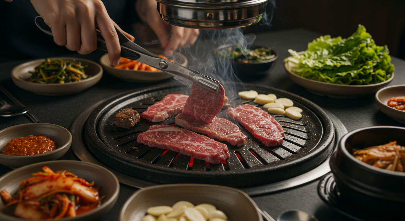 소고기 무한리필 가게에서 고기를 굽고 있는 사진