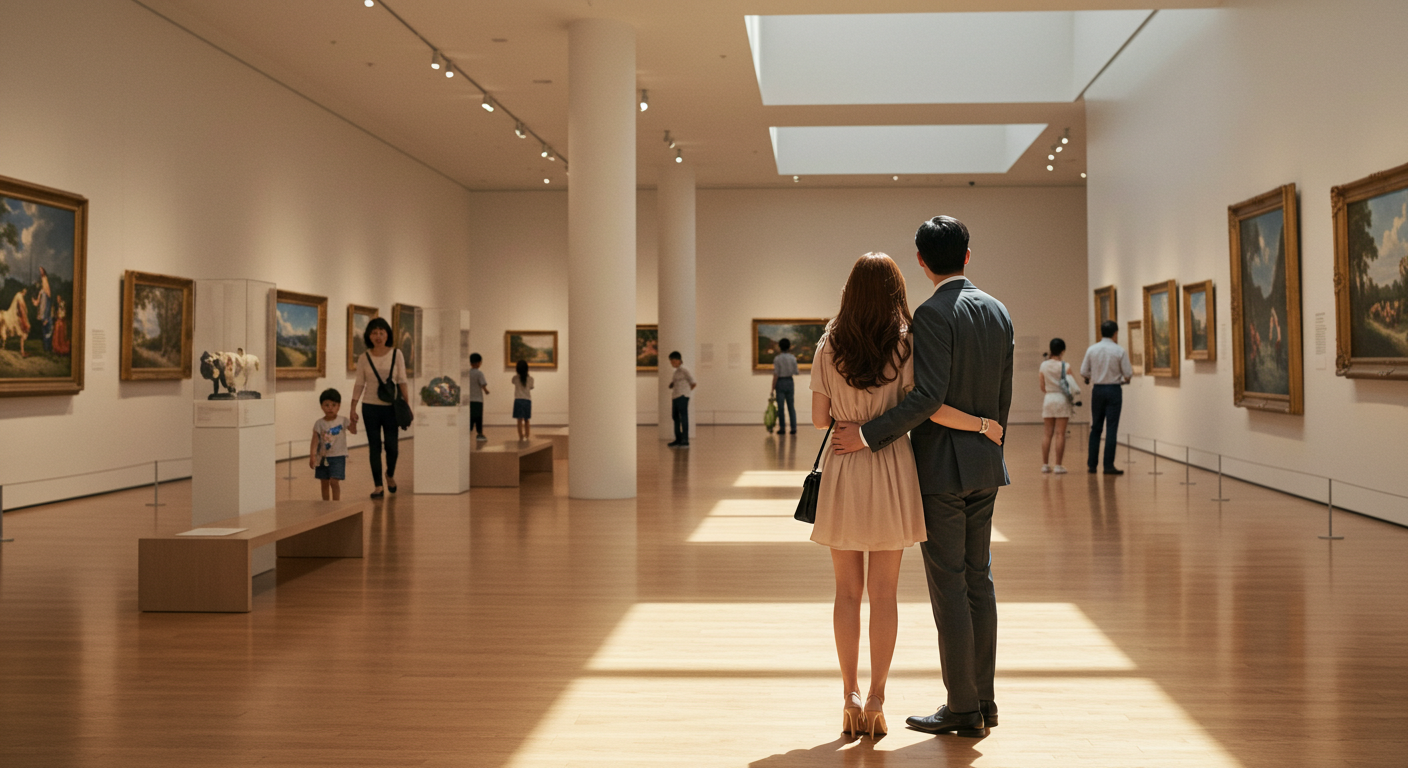 실내 데이트를 즐기고 있는 커플 뒷모습 사진