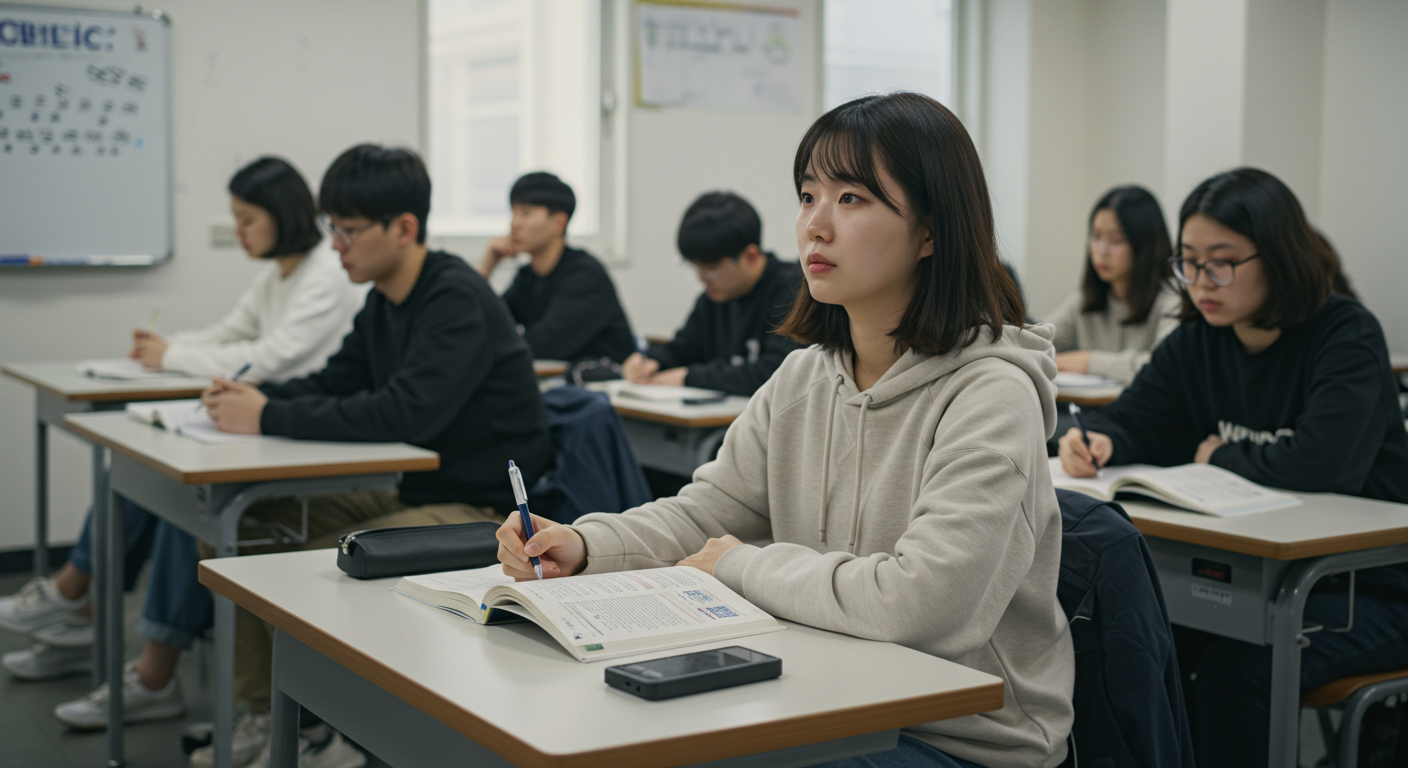 학원에서 수업을 듣고 있는 학생들 사진