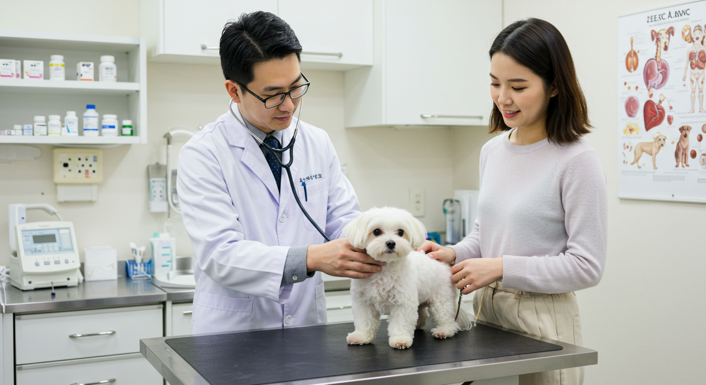 동물병원 진료실에서 진료를 받고 있는 강아지 사진