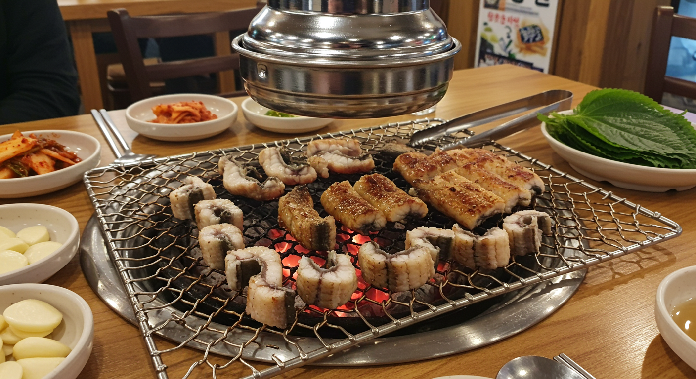 불판 위에 일정한 크기로 잘라서 굽고 있는 장어 구이 사진