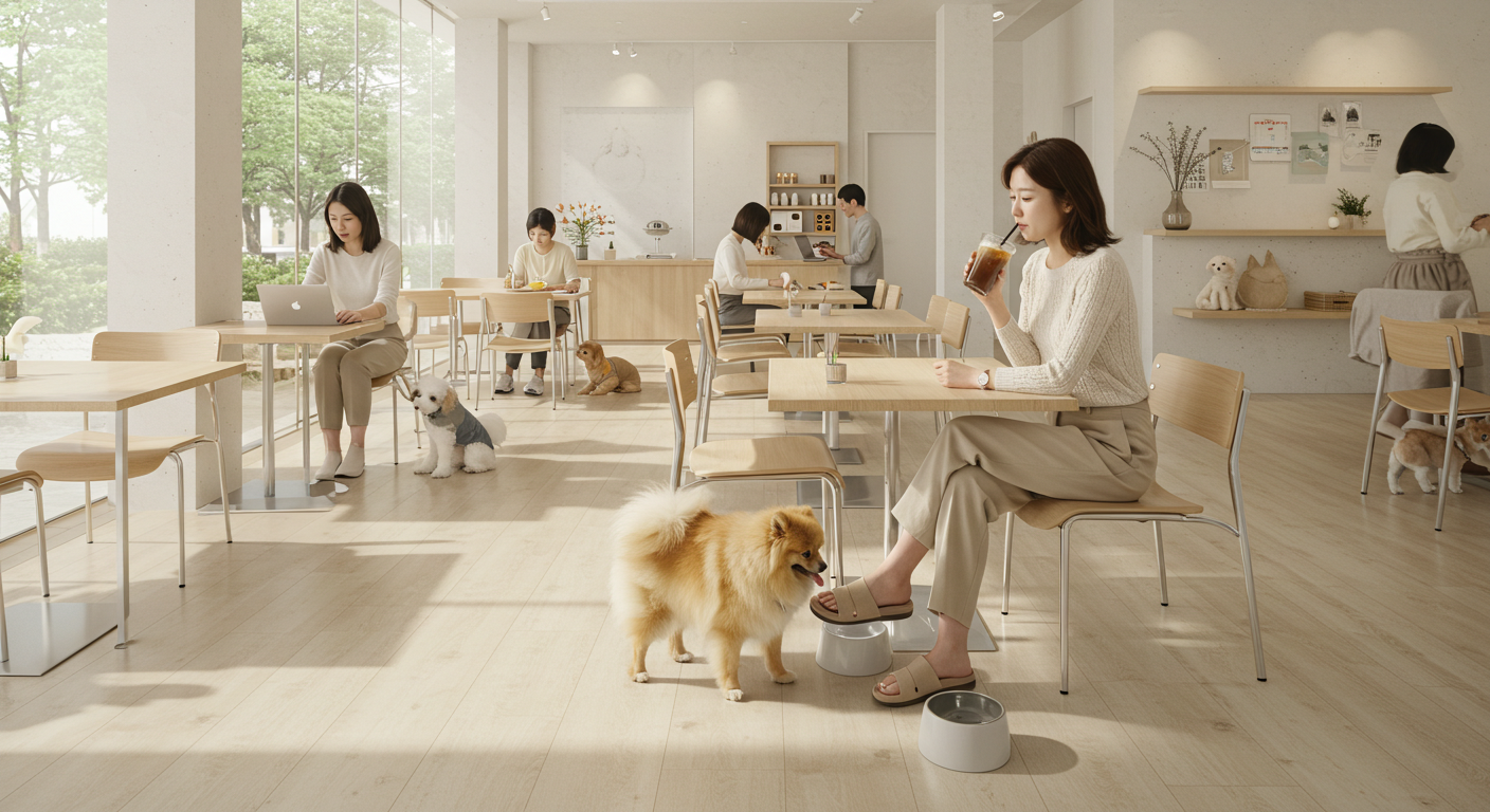 애견동반 입장 가능한 카페에서 음료를 마시고 있는 30대 여자와 앞에 바닥에 앉아 있는 포메라니안