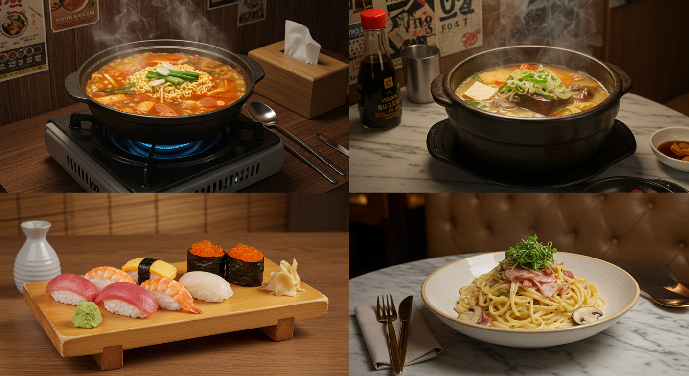 4컷으로 분할된 대학교 근처 맛집 사진 이미지