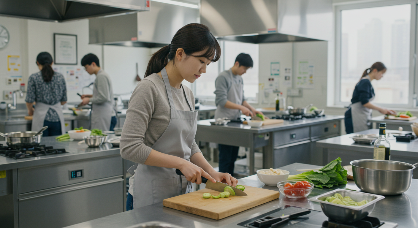 요리학원에서 칼질을하고 있는 수강생 사진