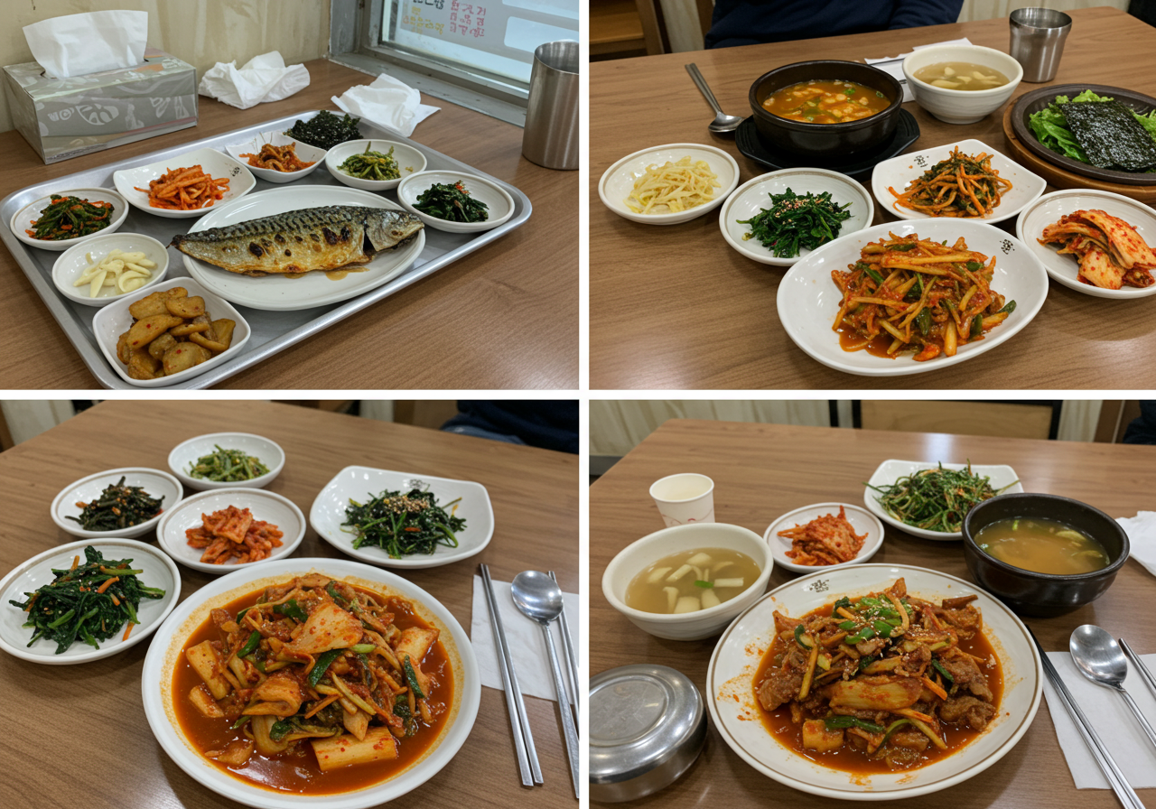 백반맛집 4컷 사진, 첫번째는 고등어가 올라가 있는 고등어 백반, 두번째는 된장찌개 백반, 세번째는 오징어 두루치기 백반, 네번째는 제육볶음 백반