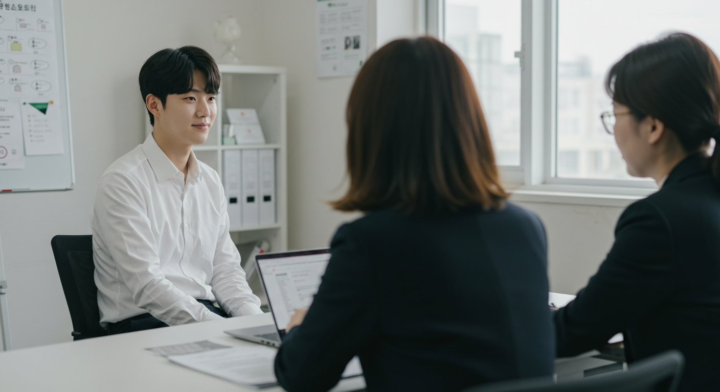 면접관 앞에서 면접을 보고 있는 청년 사진