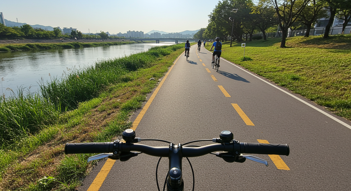 자전거 타고 가다가 멈춰서 찍은 강변 자전거 도로 사진