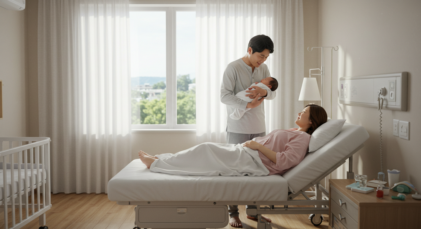 산후조리원에서 아이를 안고 있는 남편과 이를 흐뭇하게 바라보는 산모