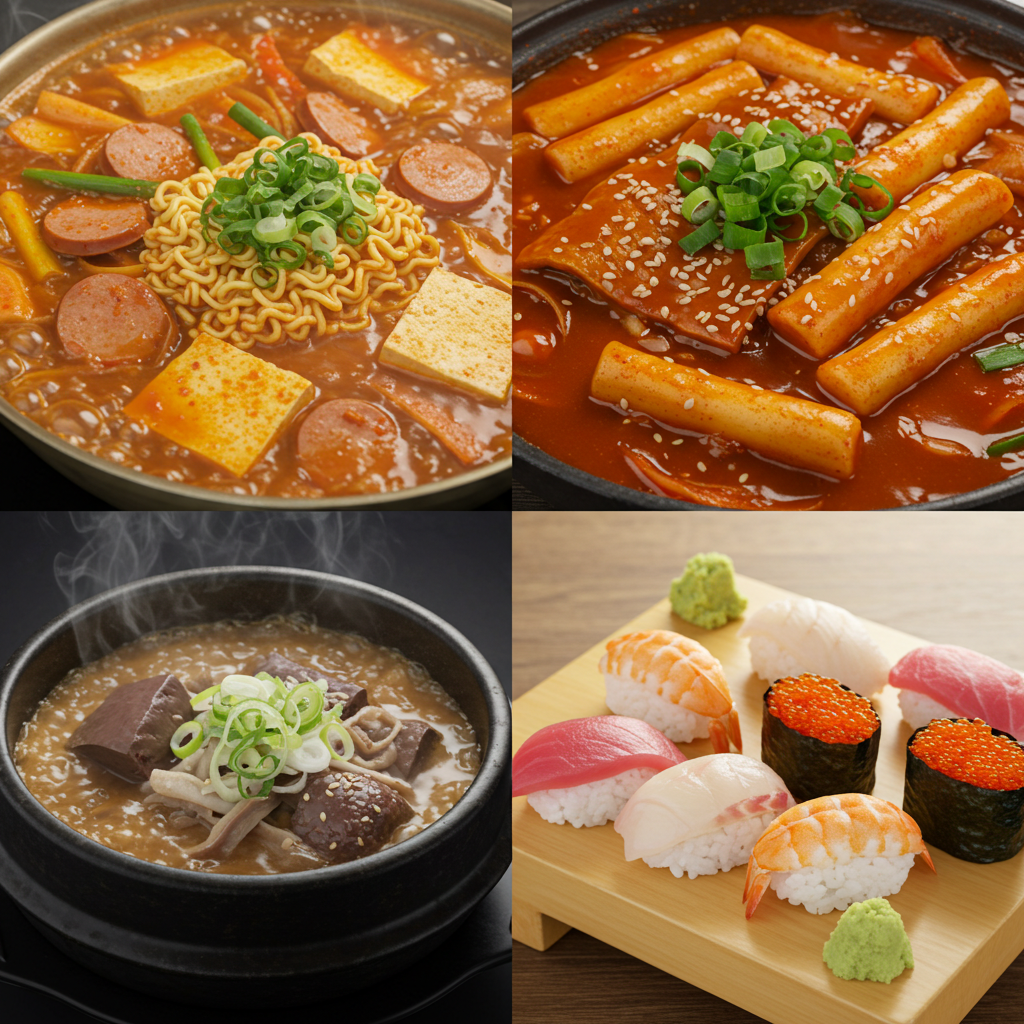 4컷으로 만든 부대찌개, 떡볶이, 순대국밥, 초밥 사진