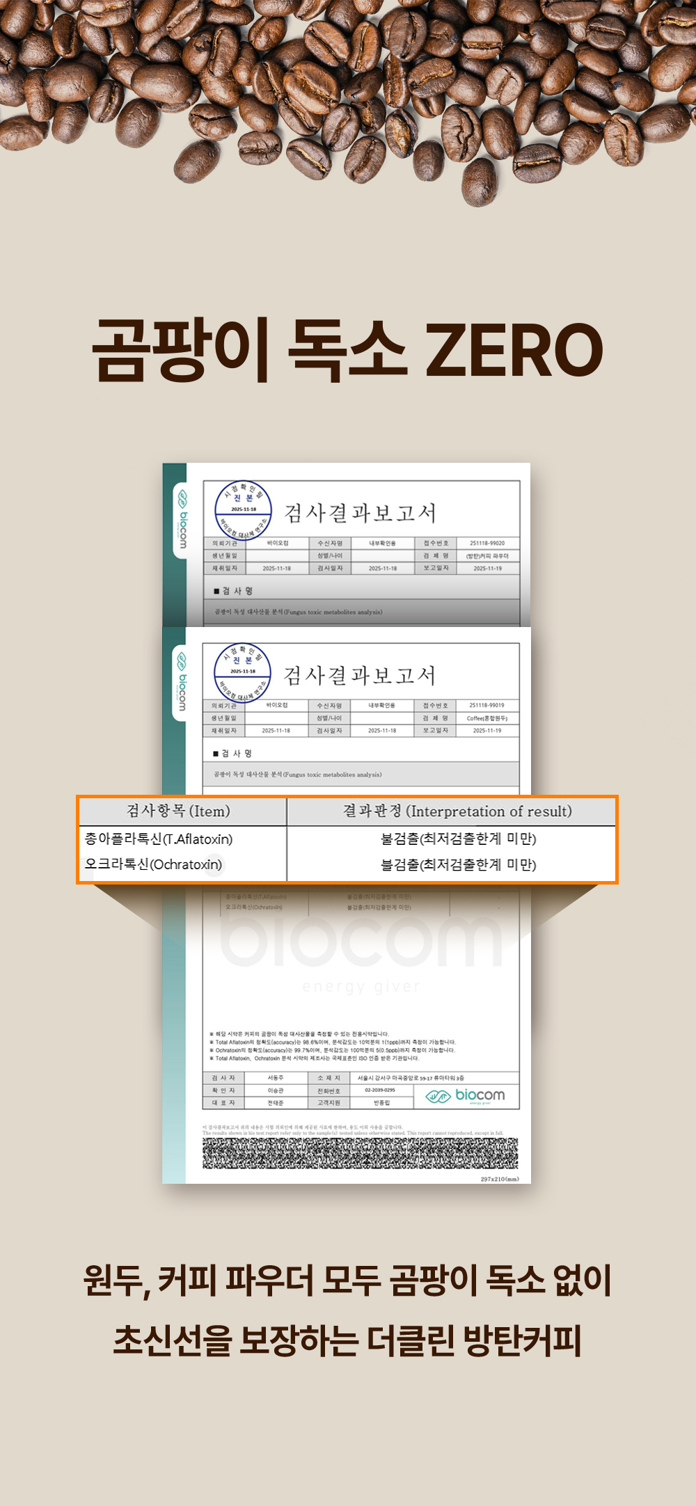 곰팡이독소 ZERO 검사결과보고서, 원두와 커피 파우더 모두 총 아플라톡신과 오크라톡신 불검출, 초신선을 보장하는 더클린 방탄커피 시험성적서