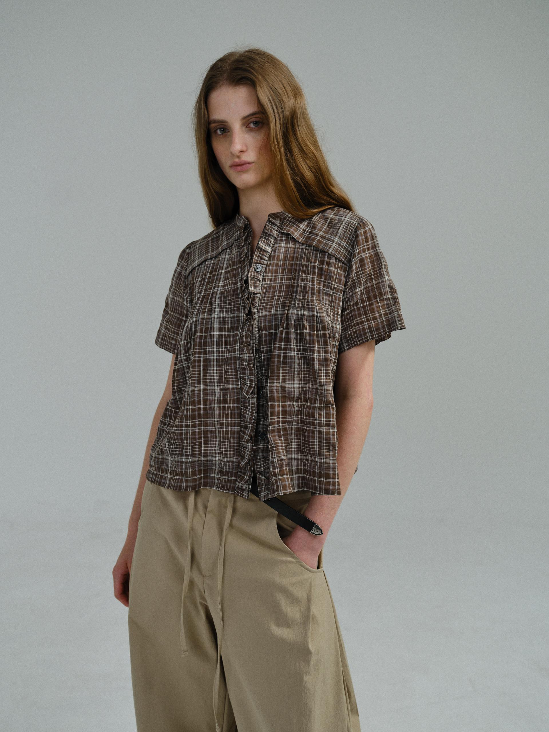 frill pintuck blouse (brown check)