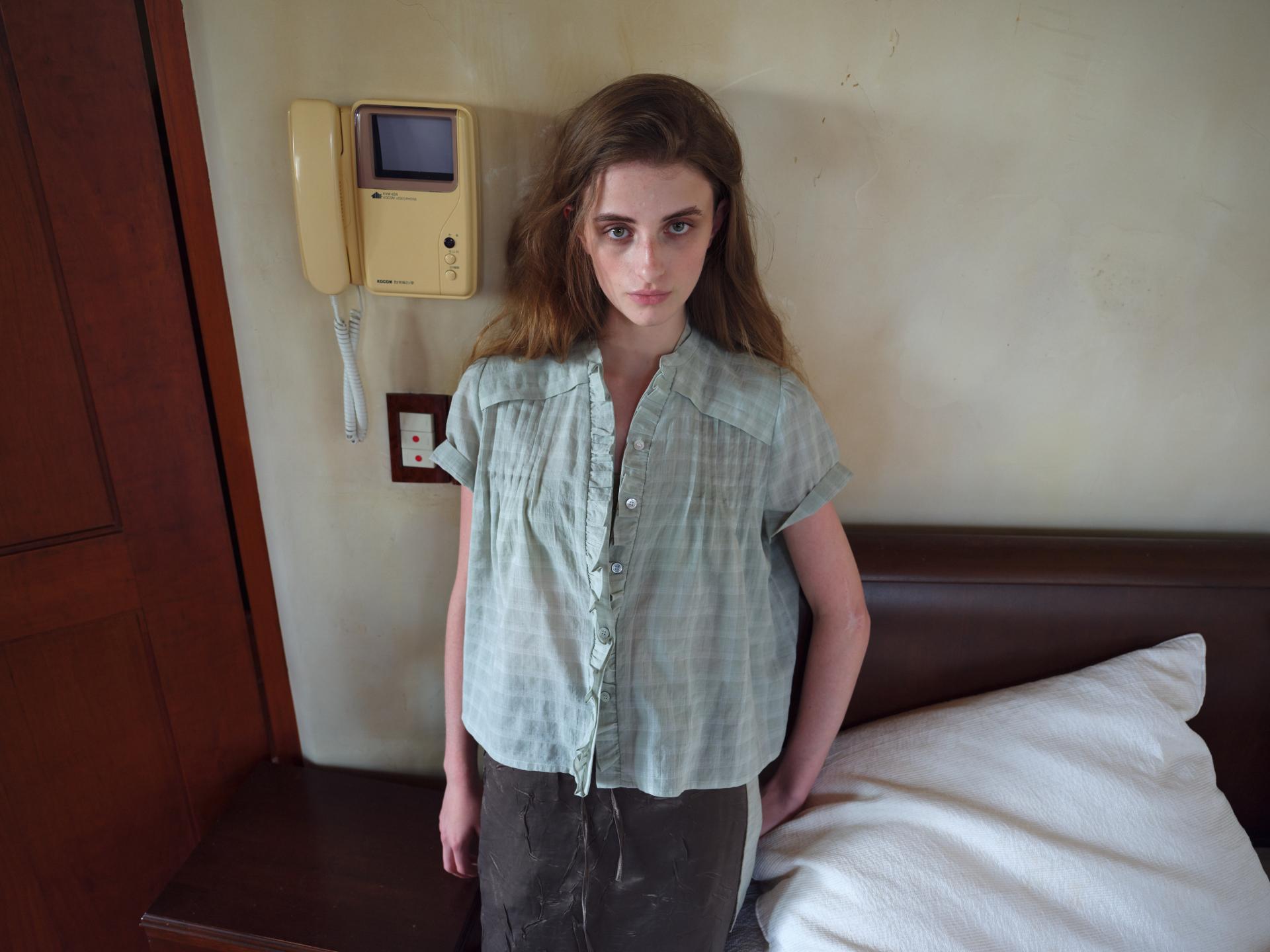 frill pintuck blouse (mint check)
