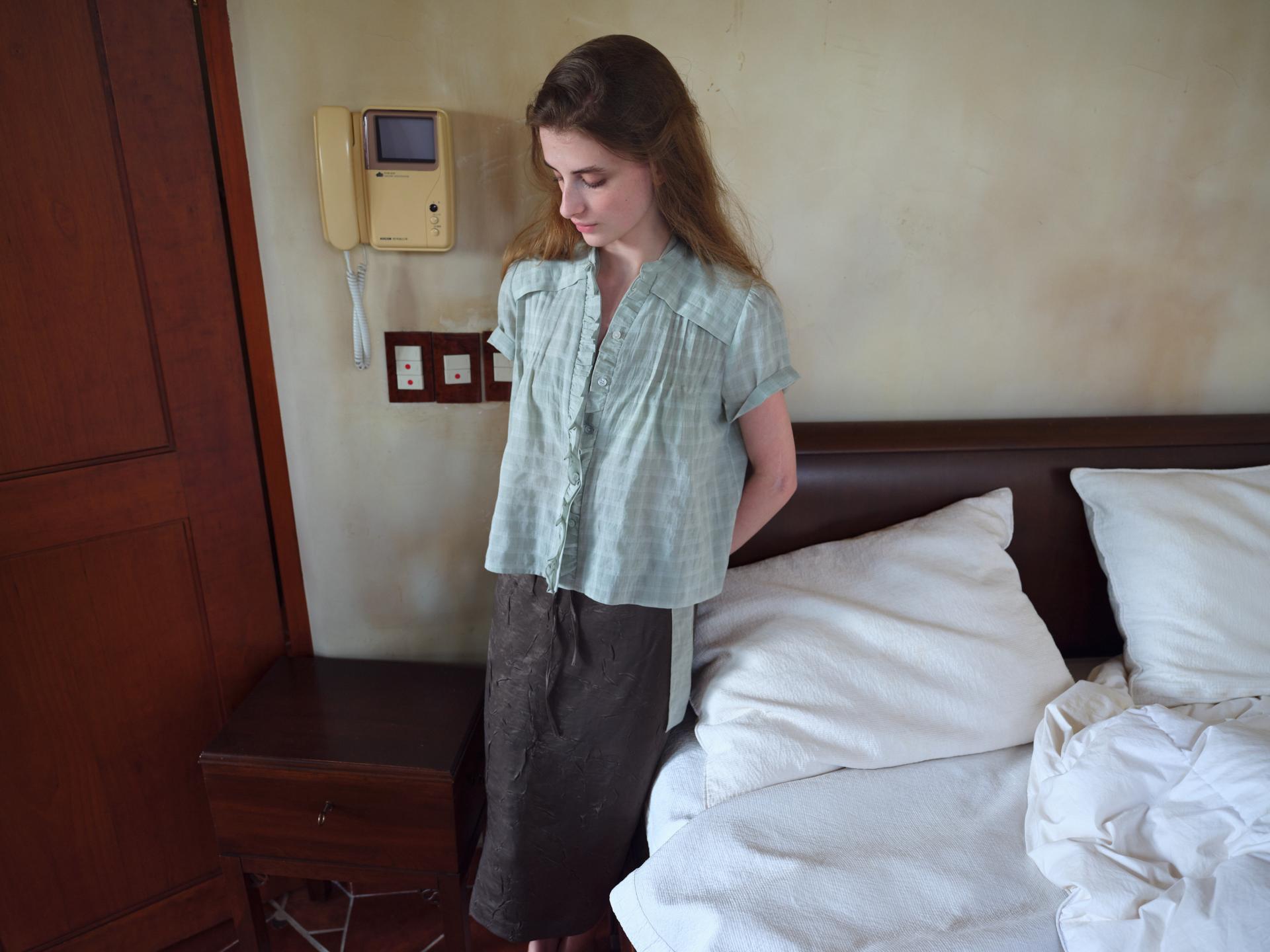 frill pintuck blouse (mint check)