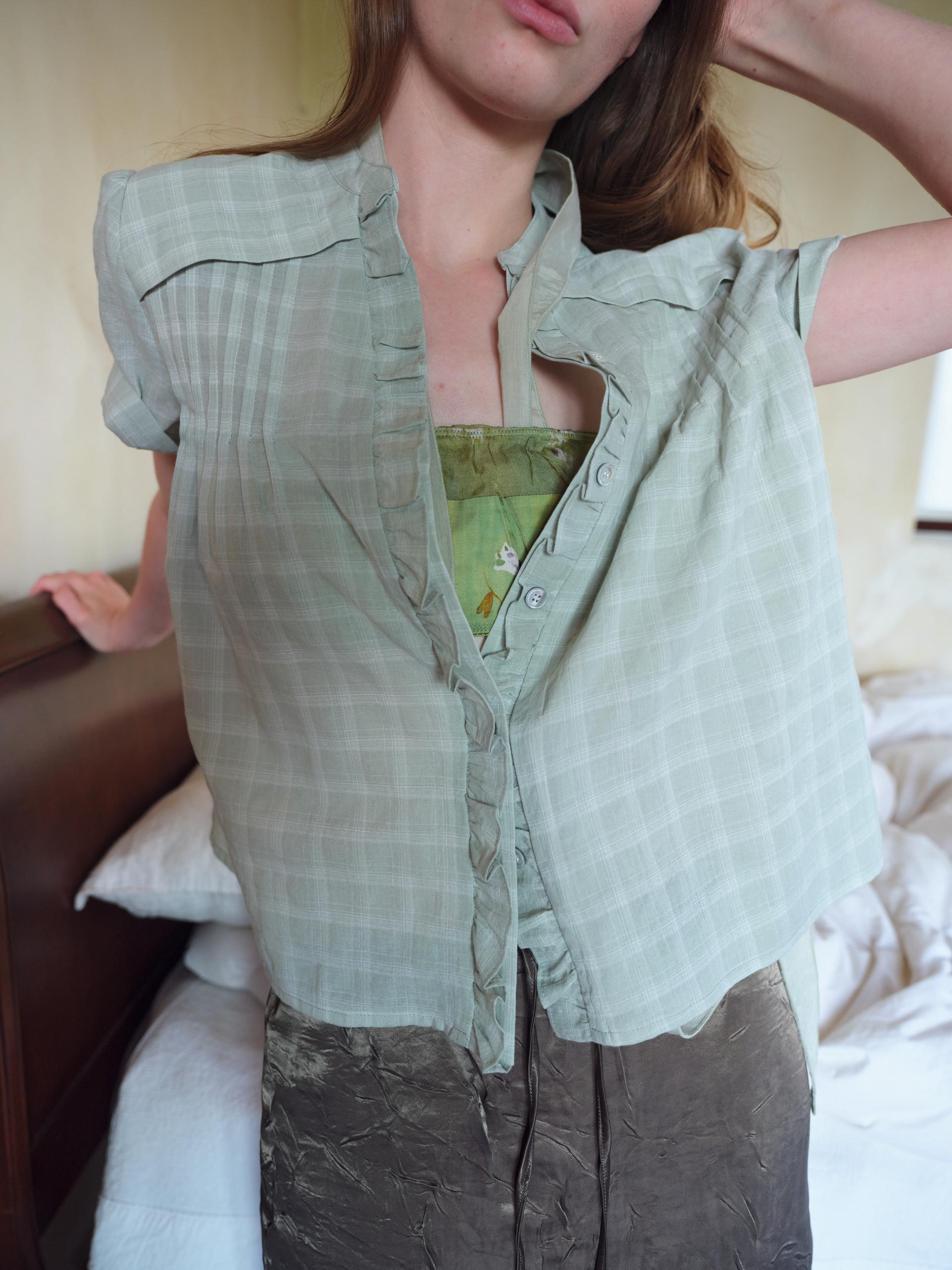 frill pintuck blouse (mint check)