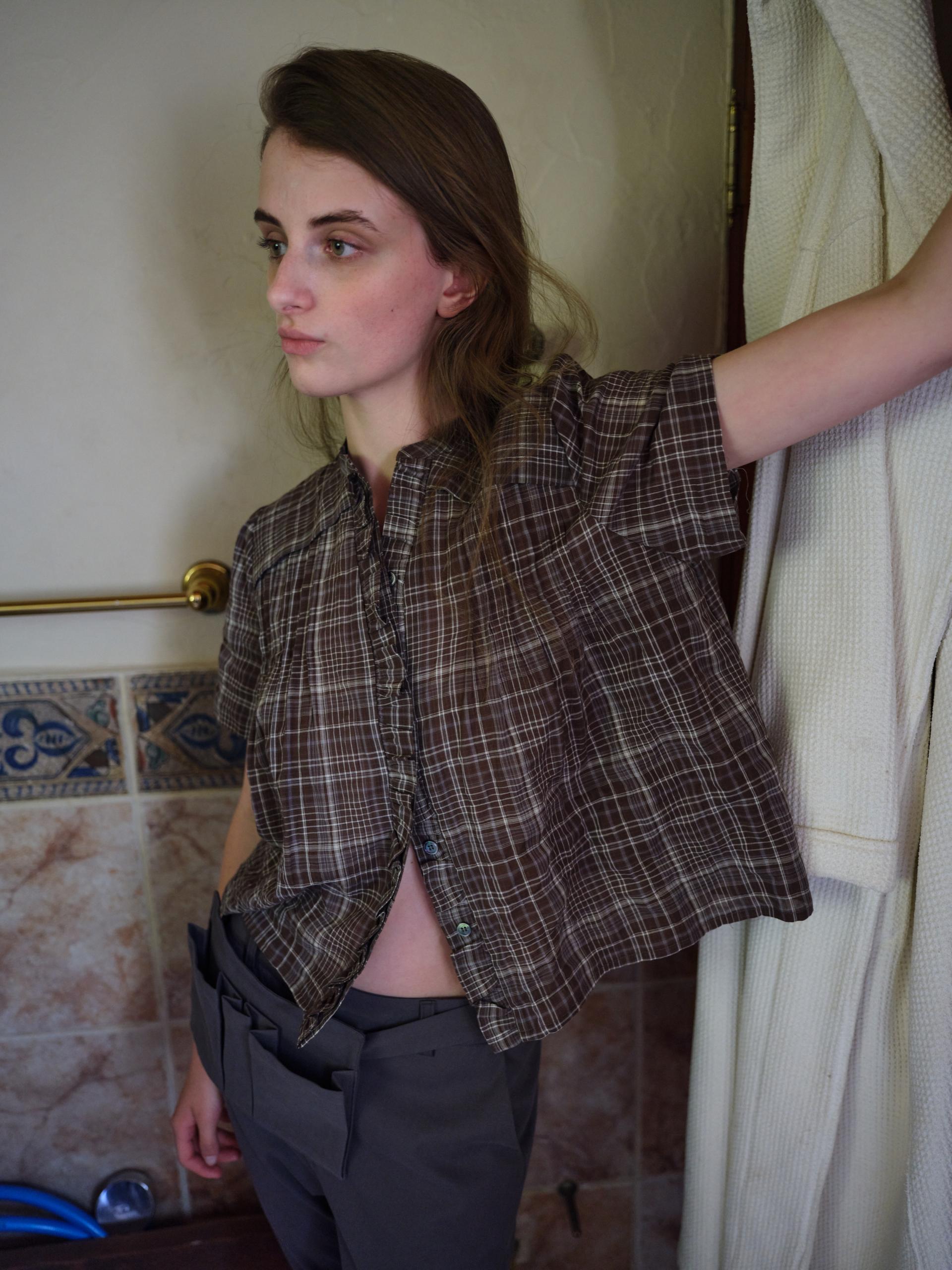 frill pintuck blouse (brown check)