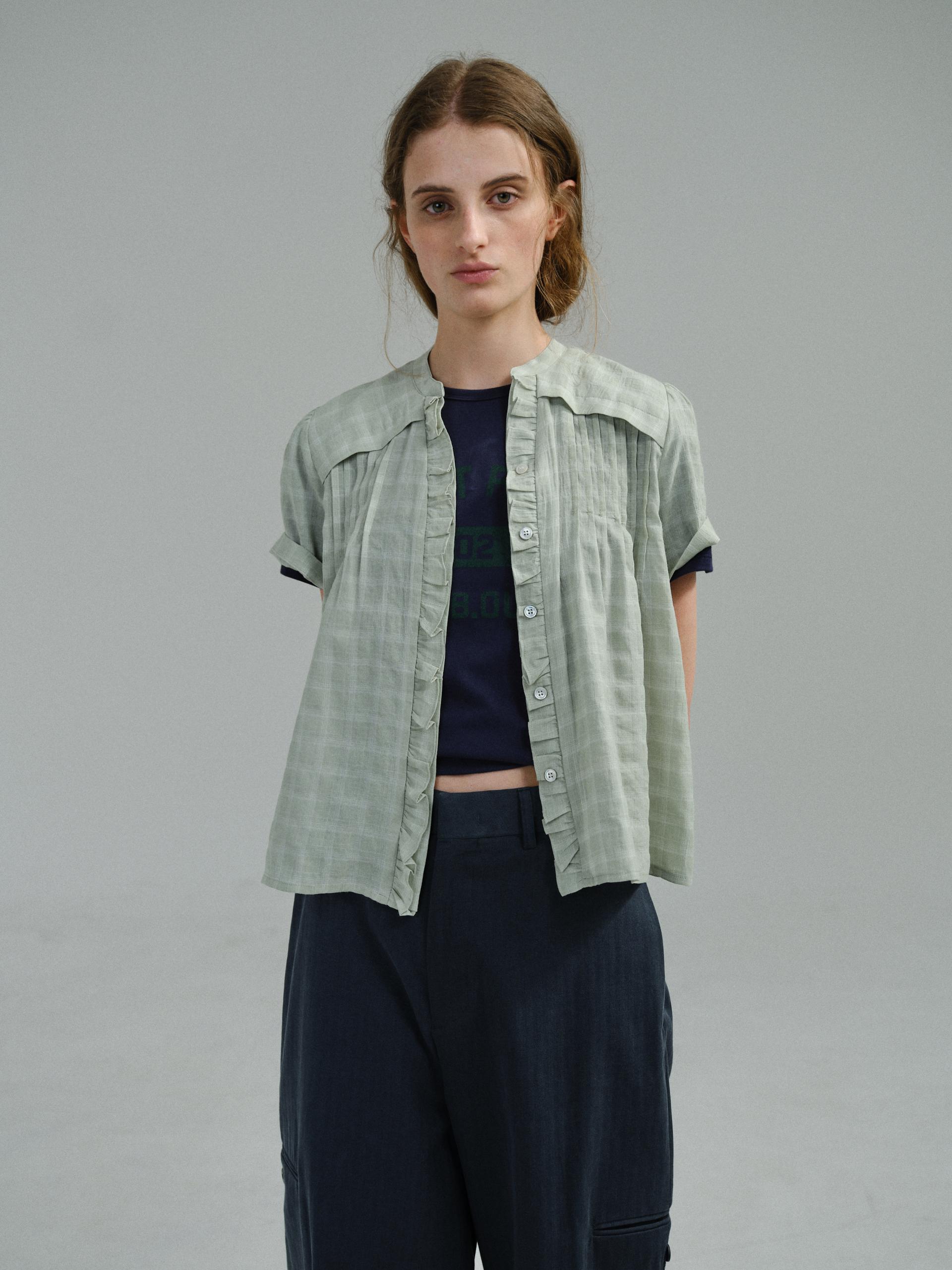 frill pintuck blouse (mint check)