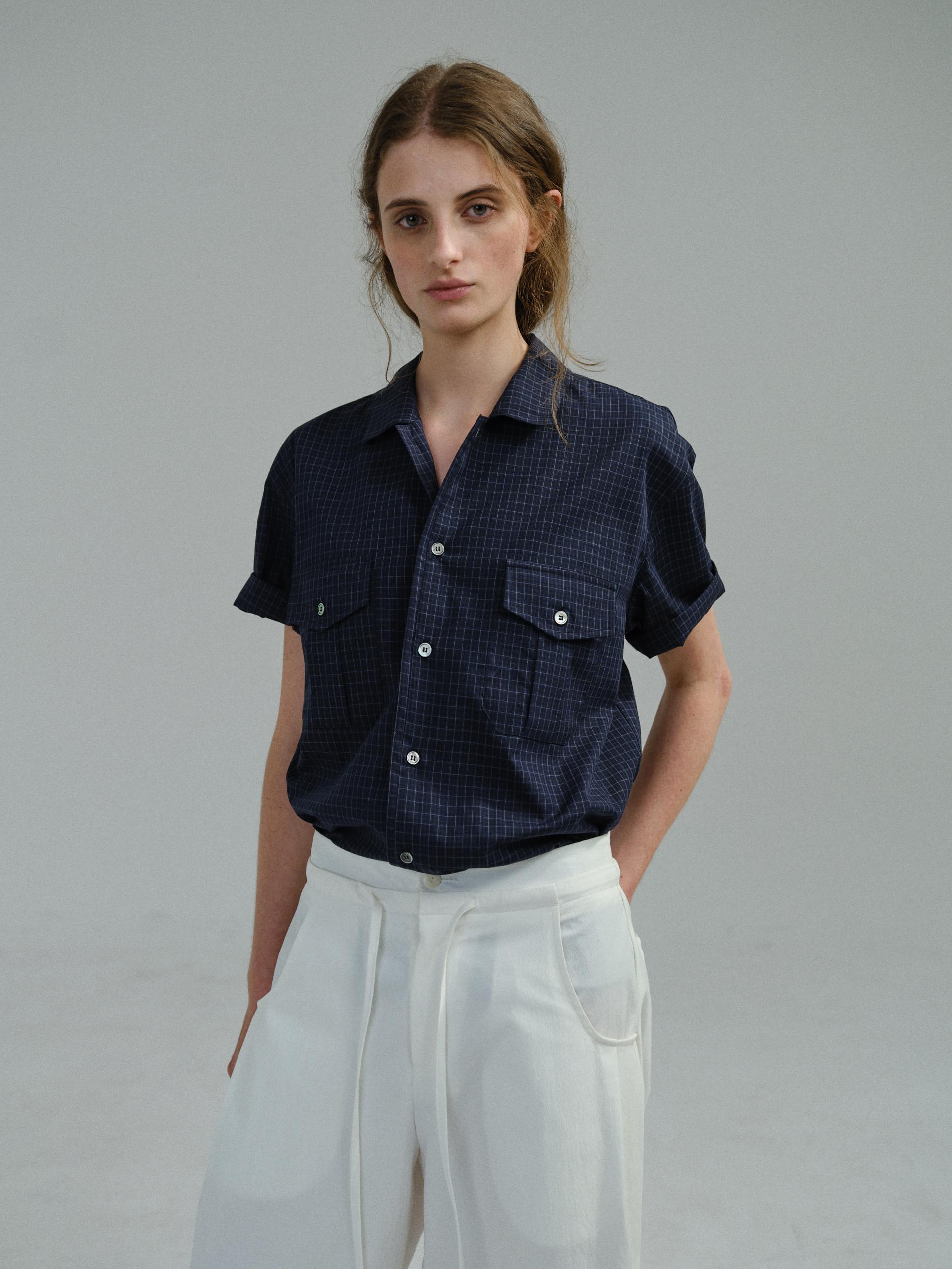 wrinkled lapel shirts (navy check)