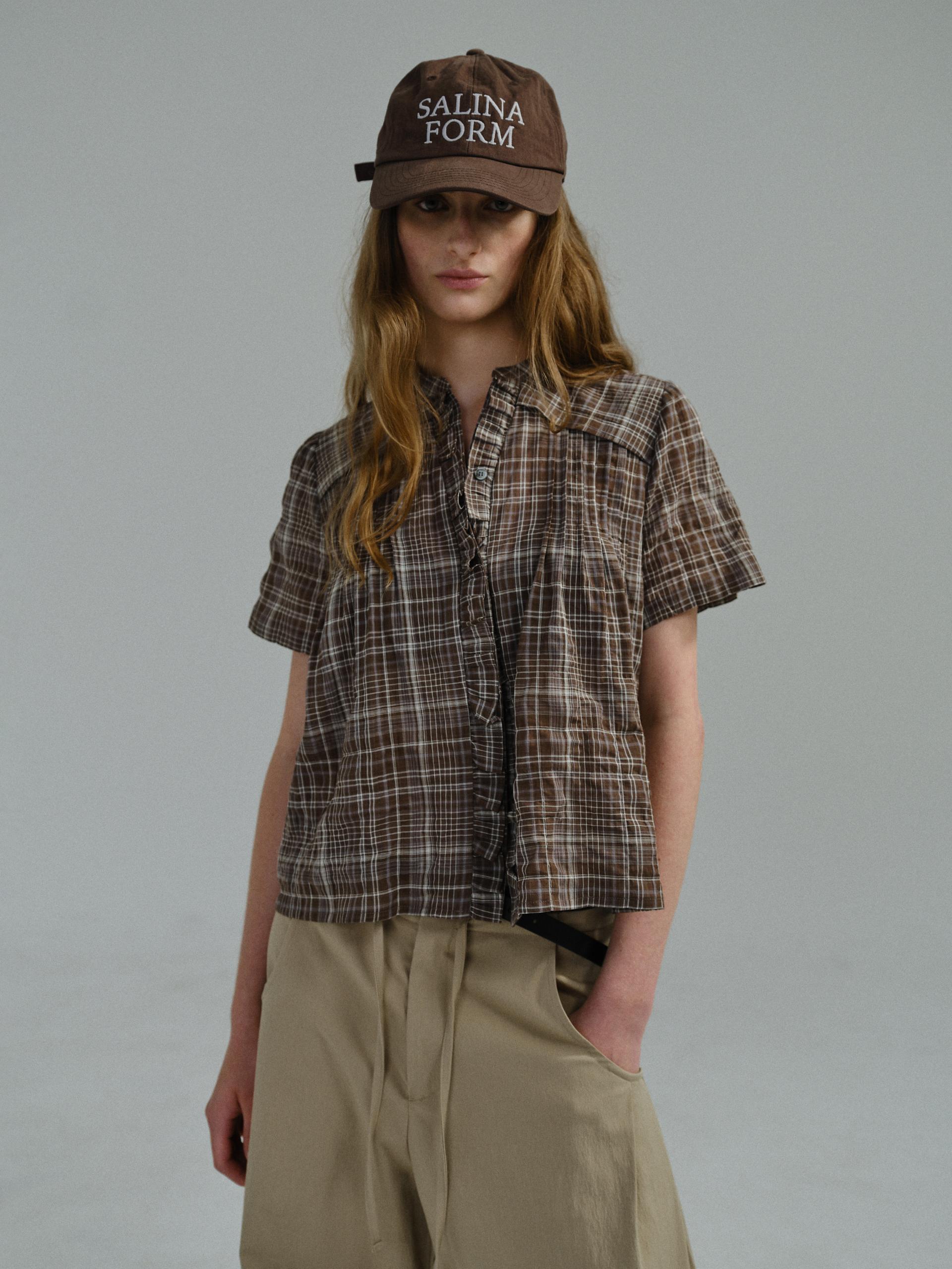 frill pintuck blouse (brown check)