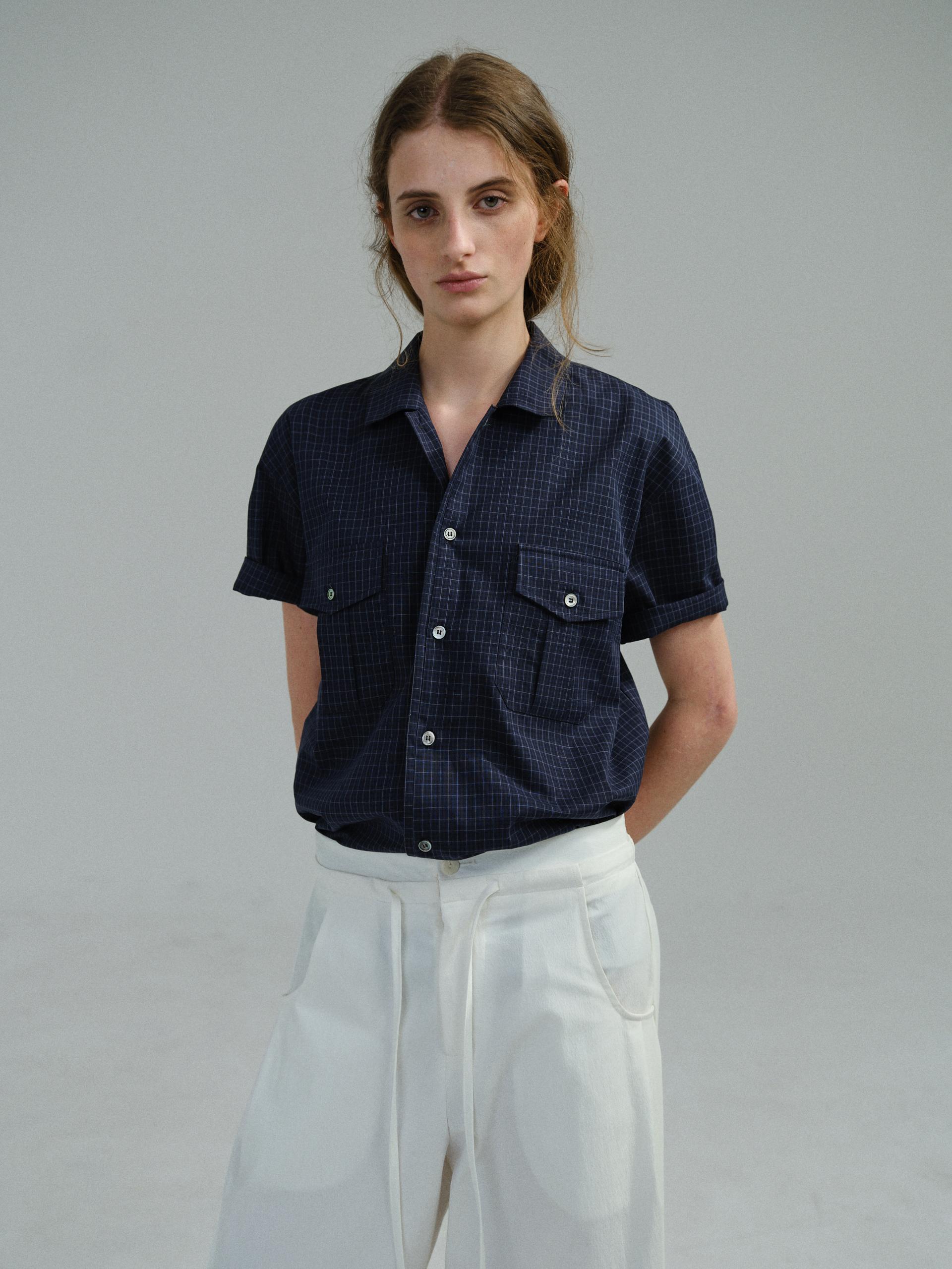 wrinkled lapel shirts (navy check)