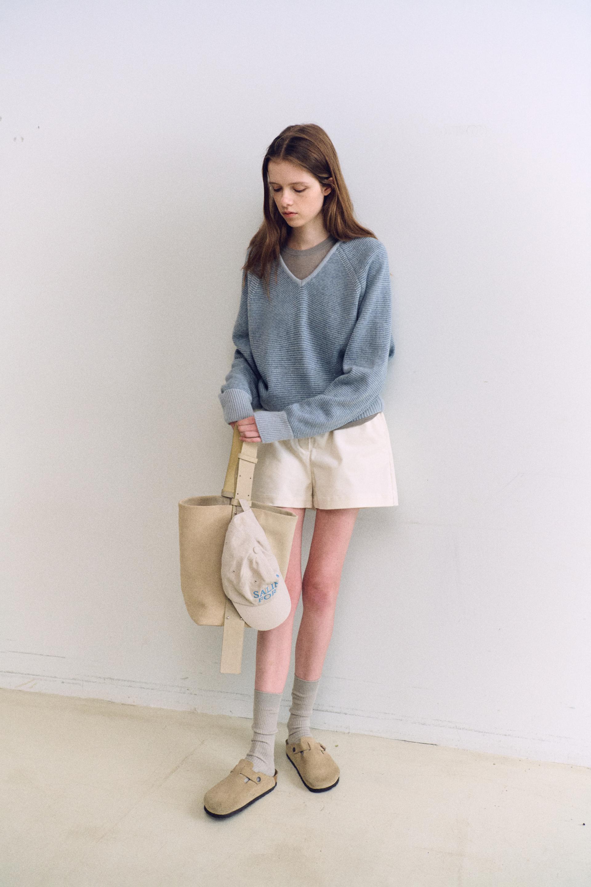 pipe v-neck knit (stripe sky blue)