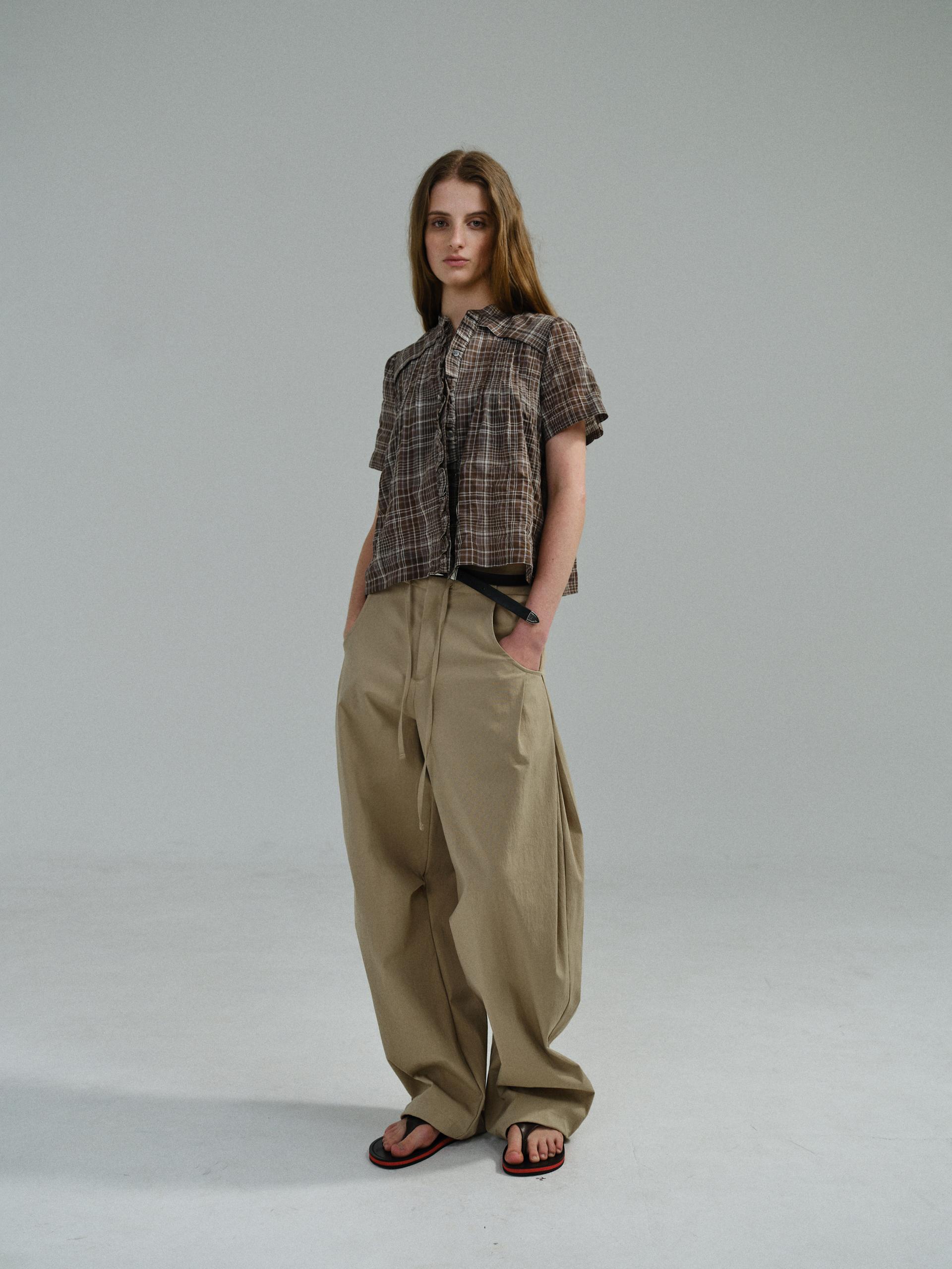 frill pintuck blouse (brown check)