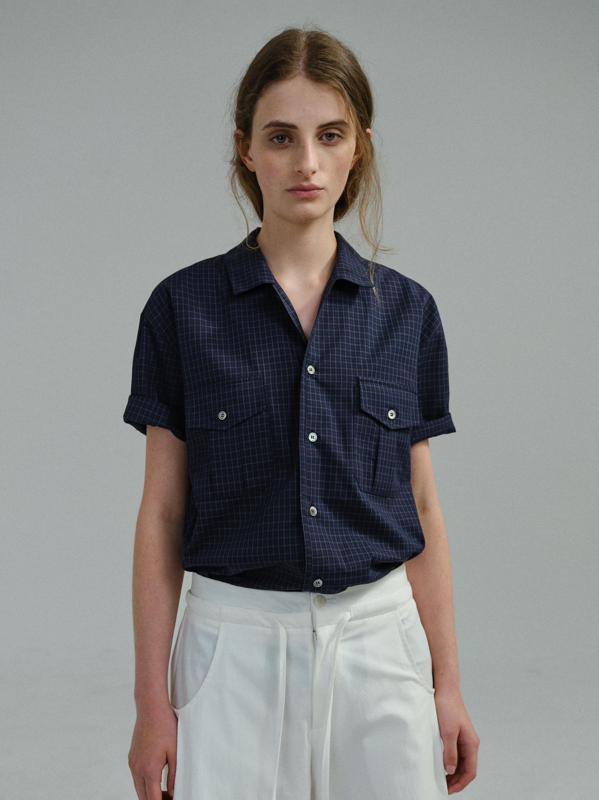 wrinkled lapel shirts (navy check)