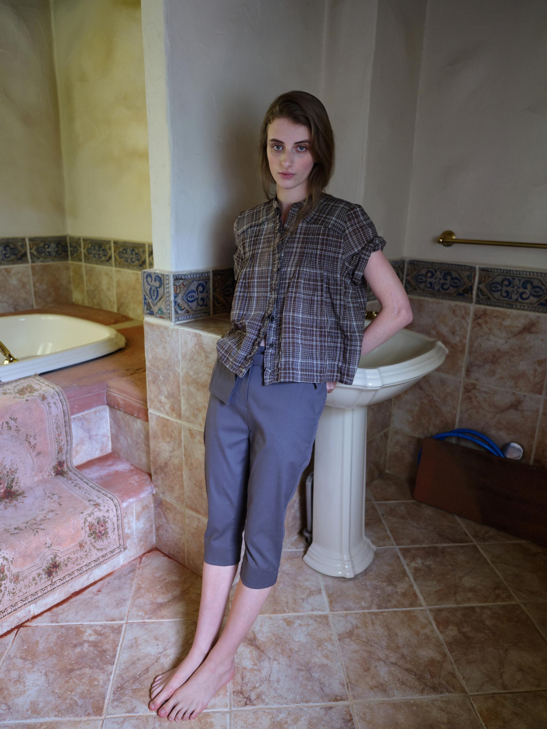 frill pintuck blouse (brown check)