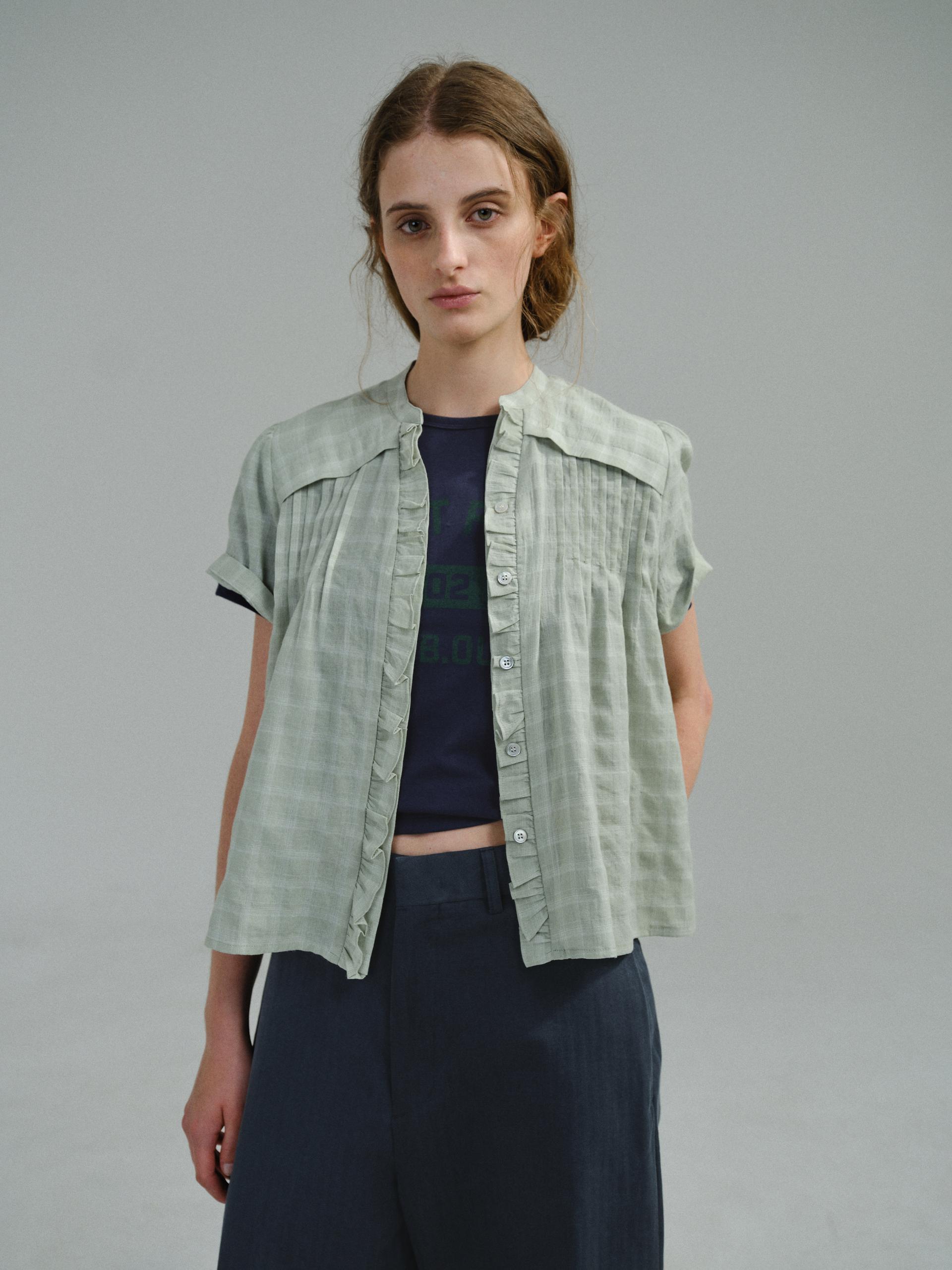 frill pintuck blouse (mint check)