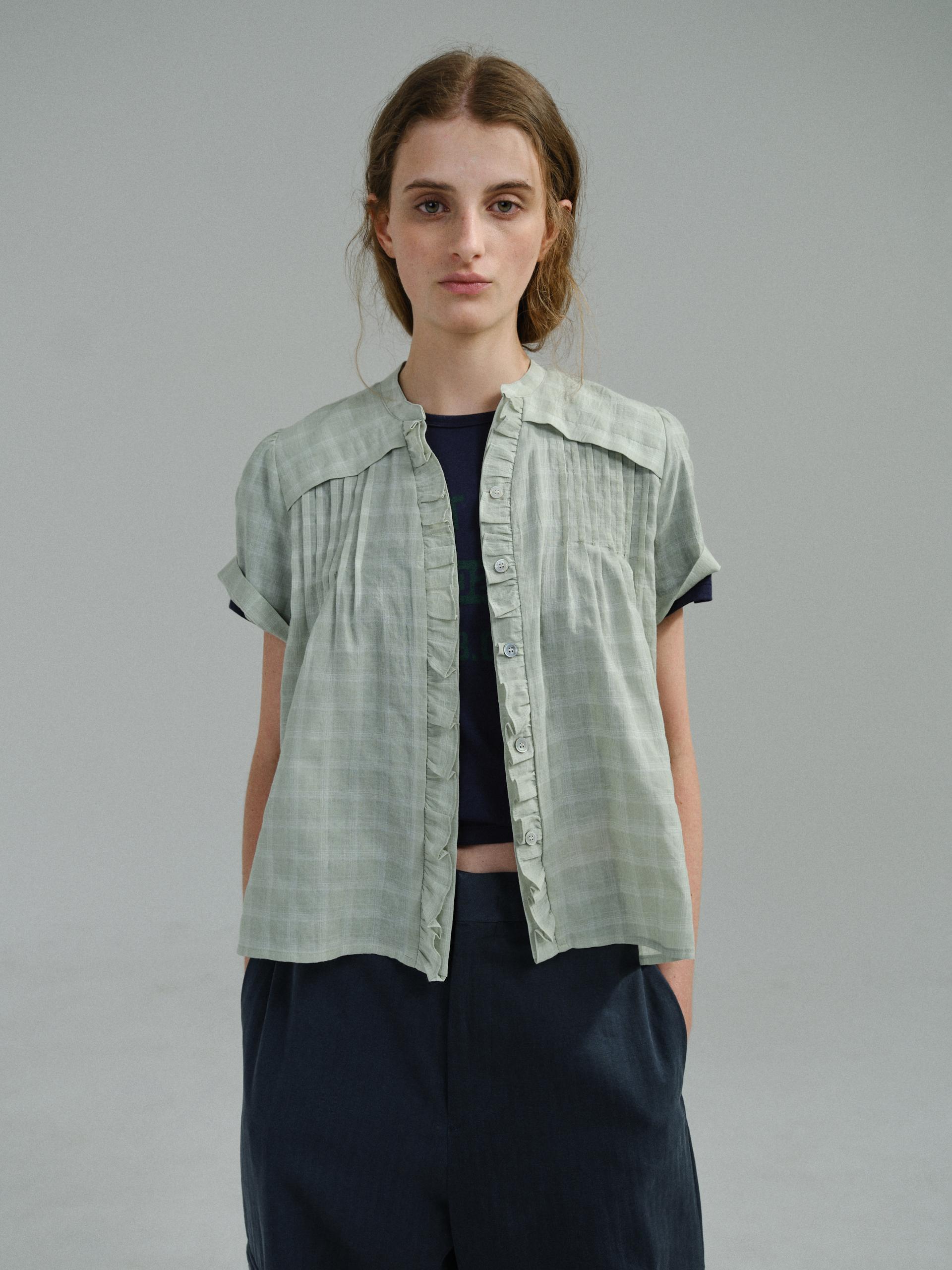 frill pintuck blouse (mint check)