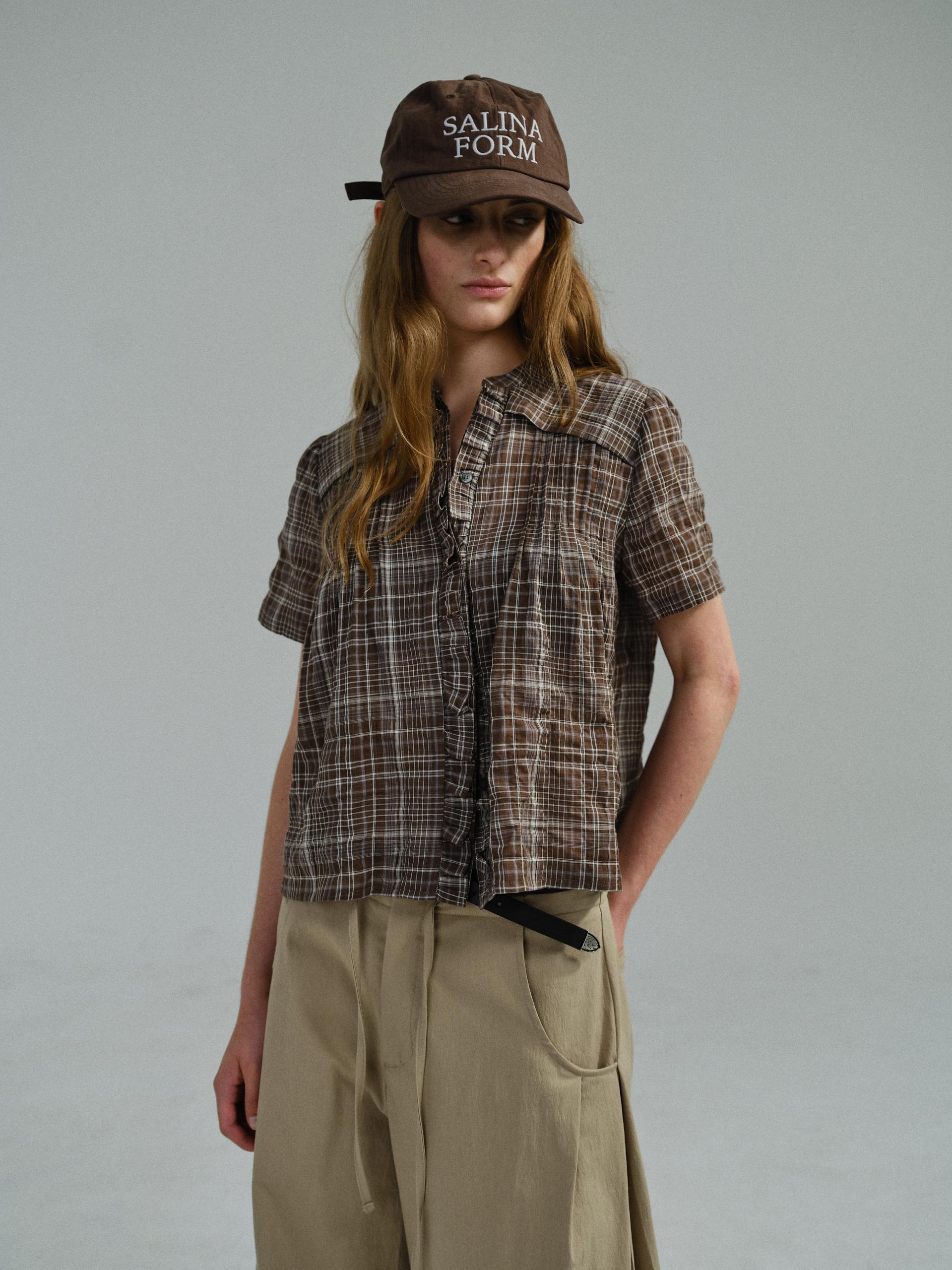 frill pintuck blouse (brown check)