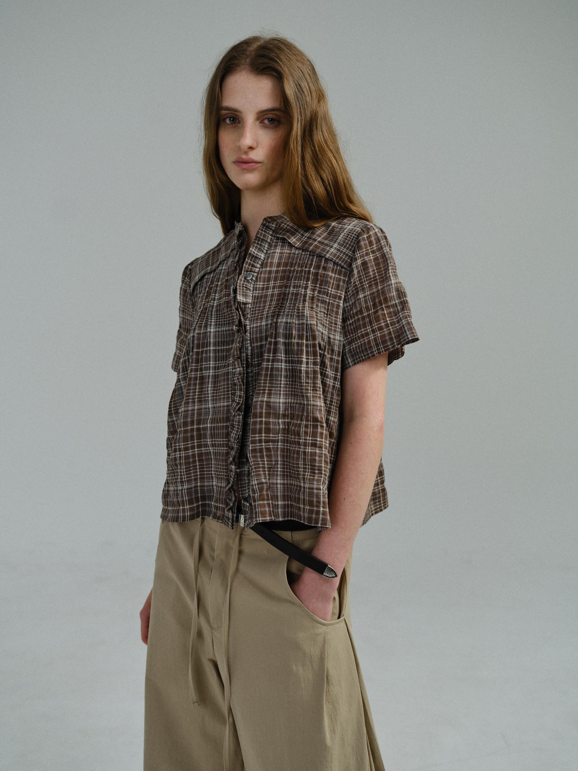 frill pintuck blouse (brown check)