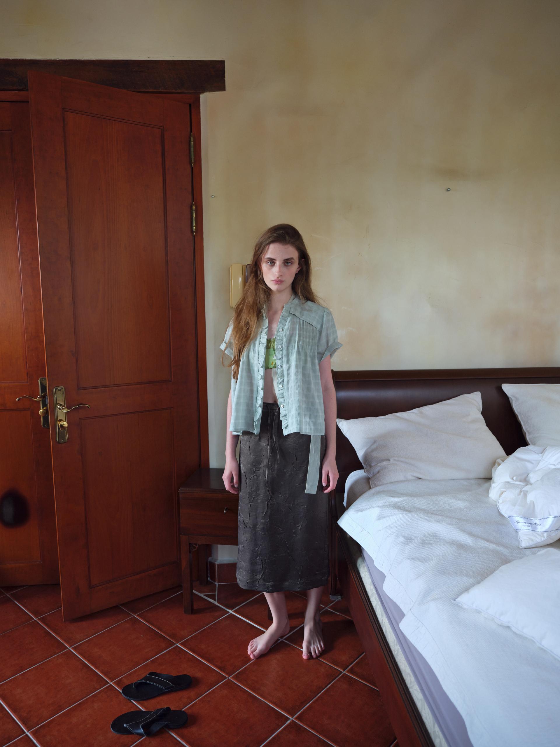 frill pintuck blouse (mint check)