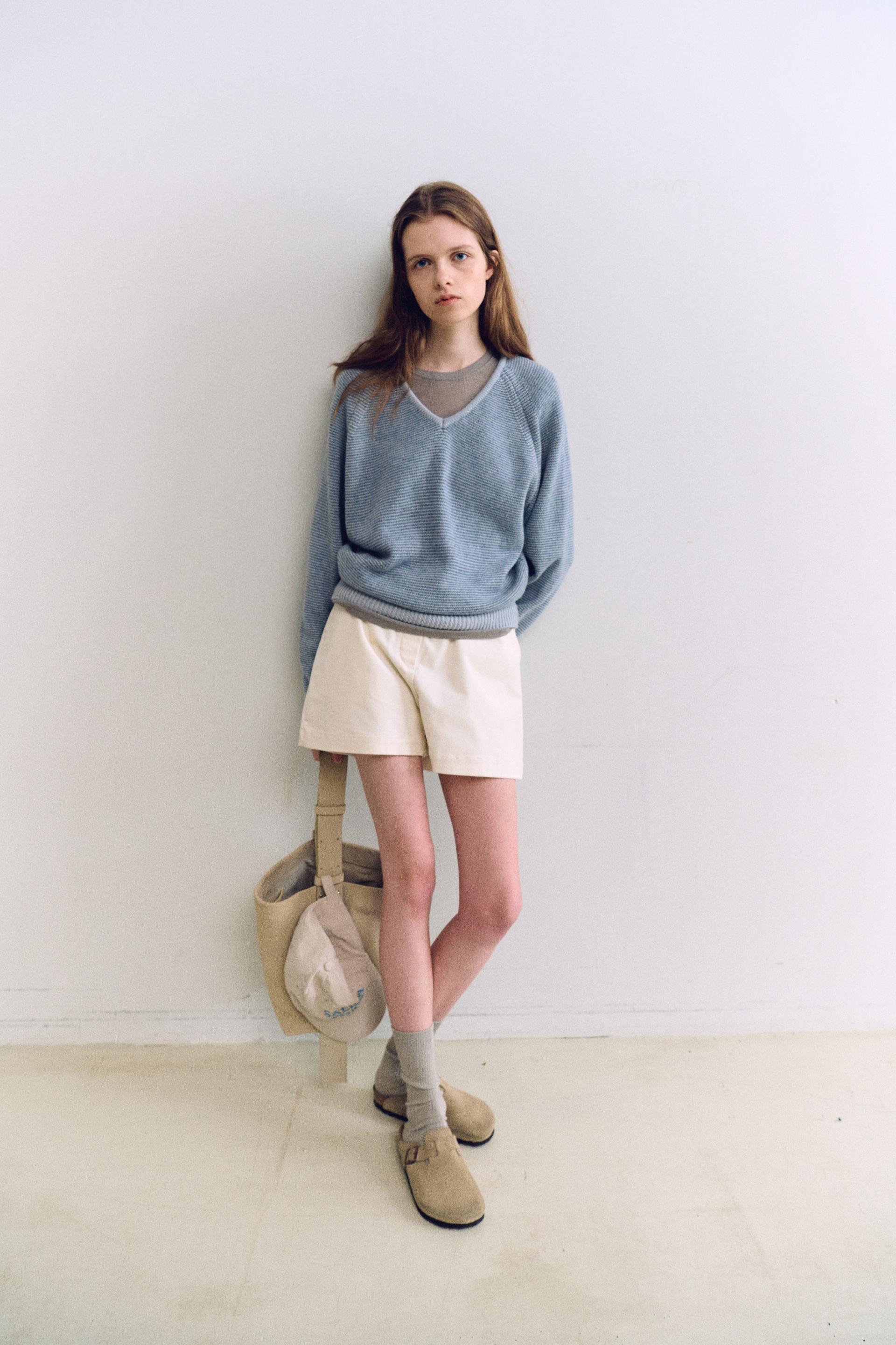 pipe v-neck knit (stripe sky blue)