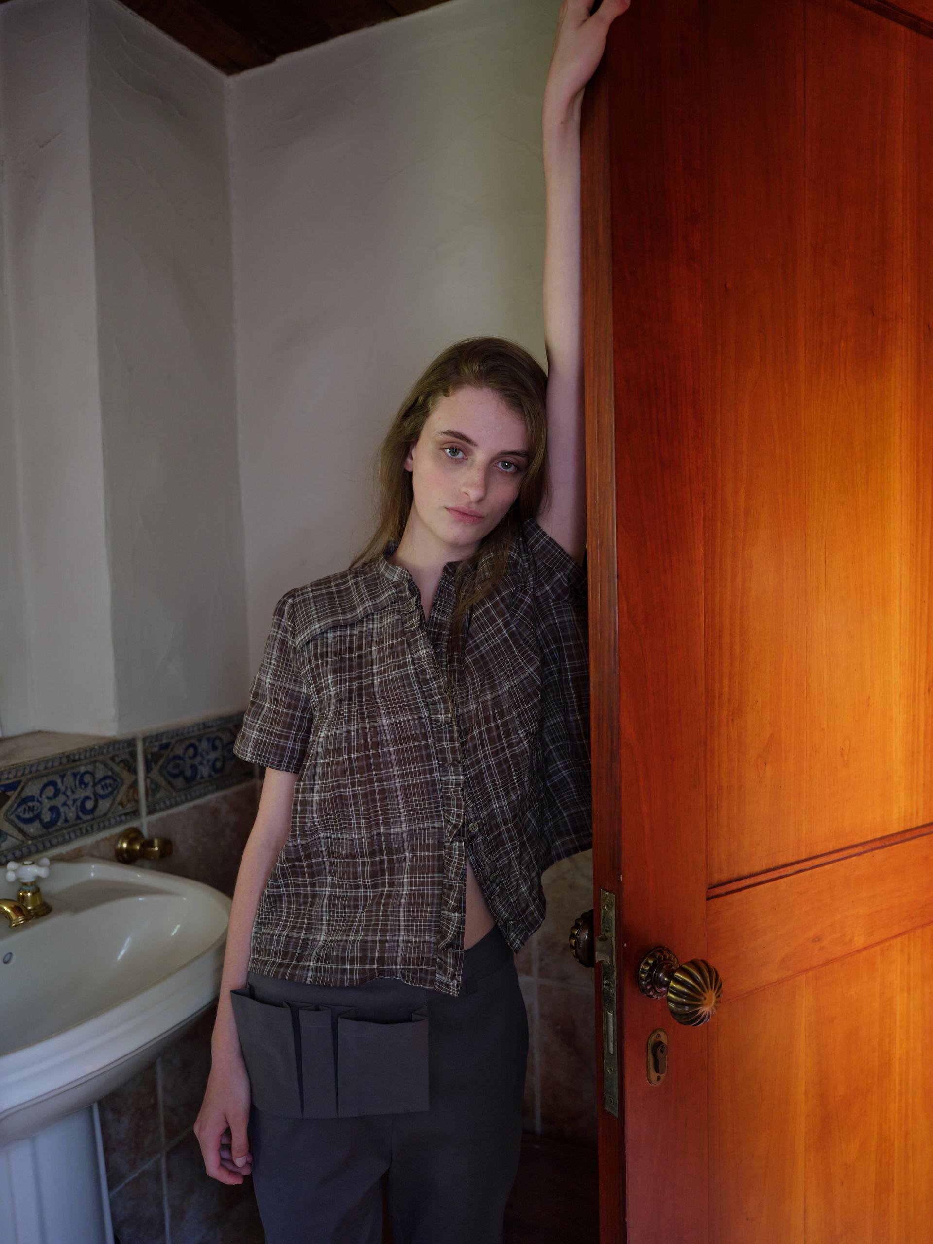 frill pintuck blouse (brown check)