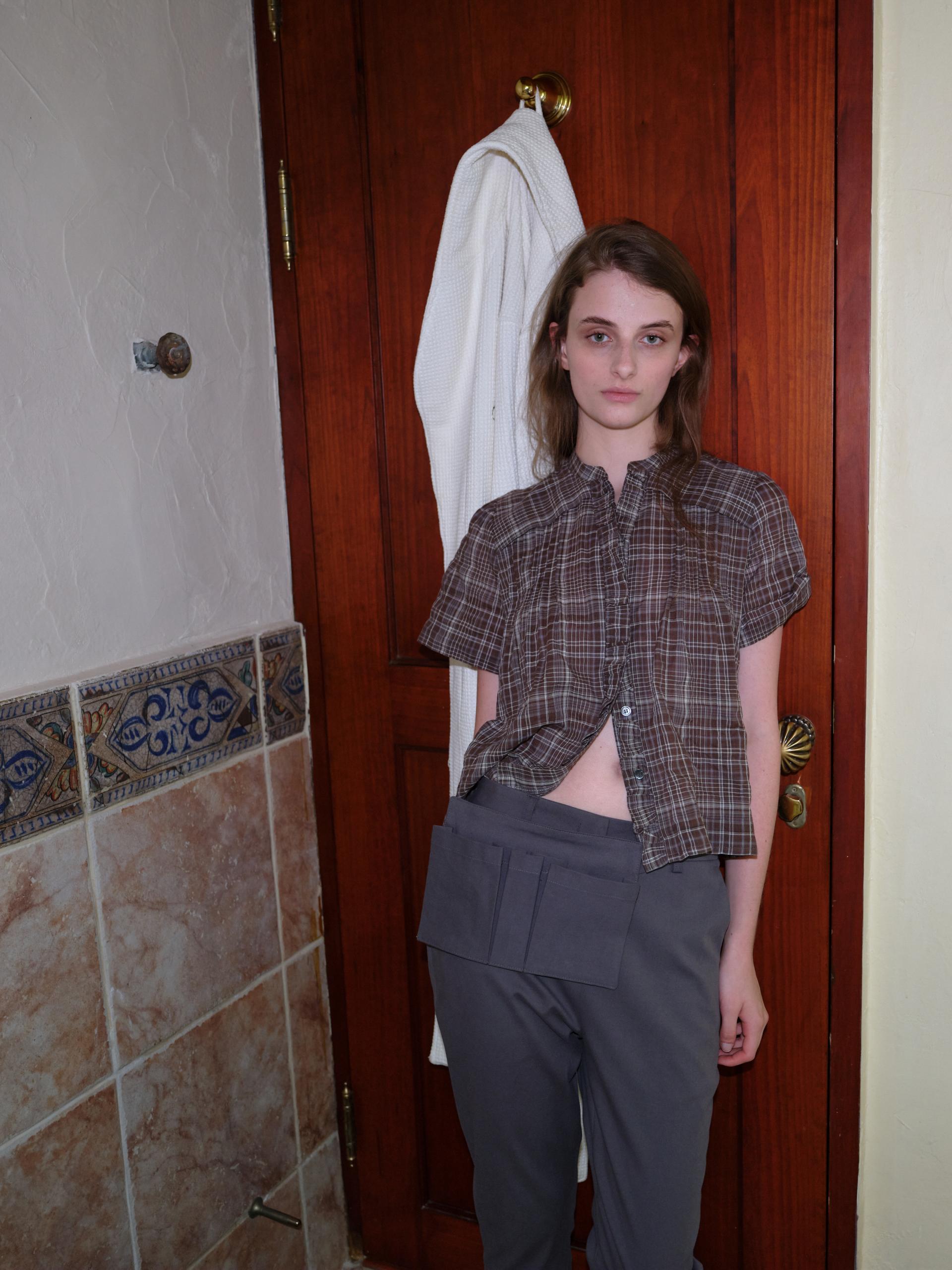 frill pintuck blouse (brown check)